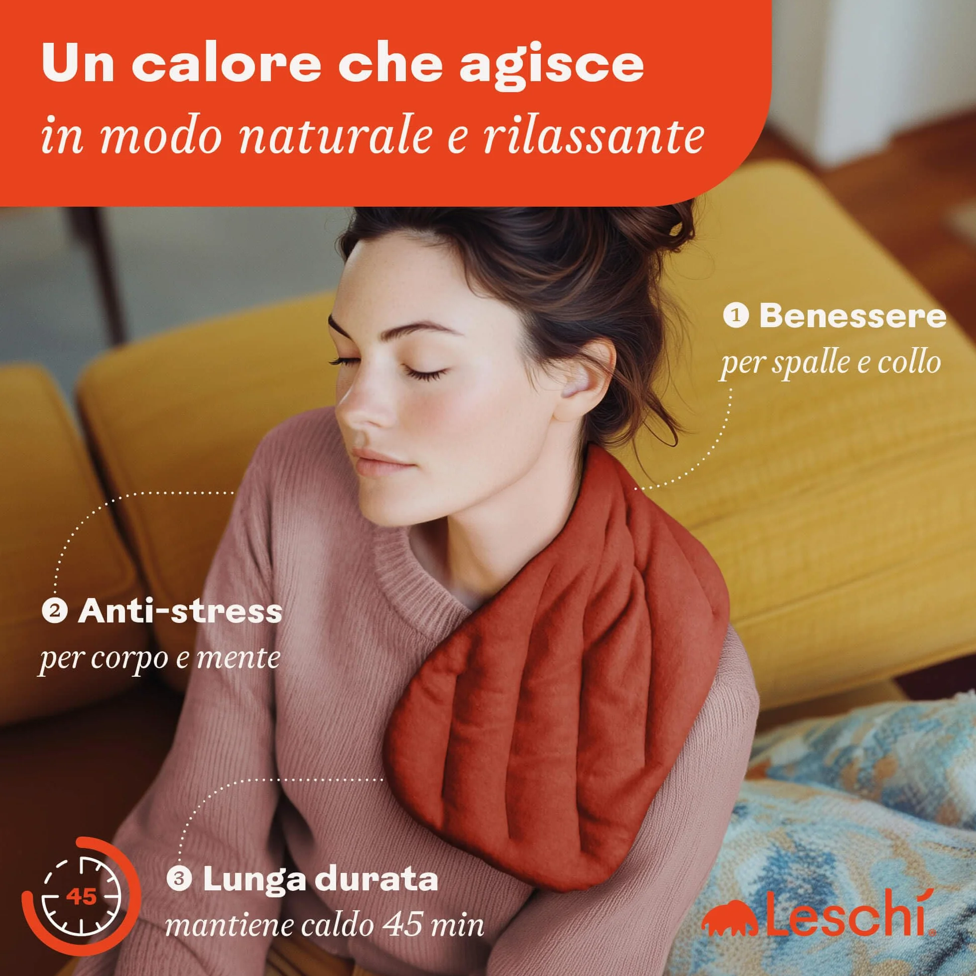 LESCHI XXL Cuscino termico per microonde (50x20cm) - In cotone bio con grano biologico - Cuscino riscaldante a 8 camere - Ideale come fonte di calore per cervicale, spalla, schiena, collo - rosso