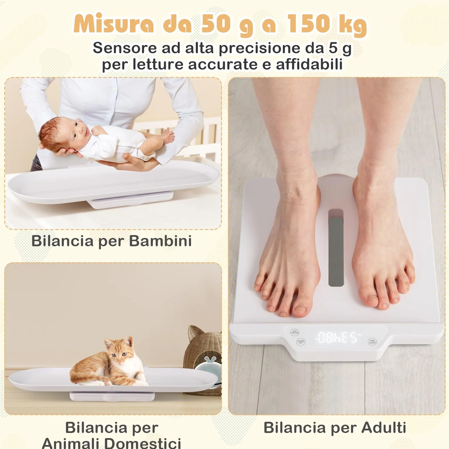 RELAX4LIFE Bilancia Multifunzionale per Neonati, Display Intelligente, Spegnimento Automatico, Portata 150 kg