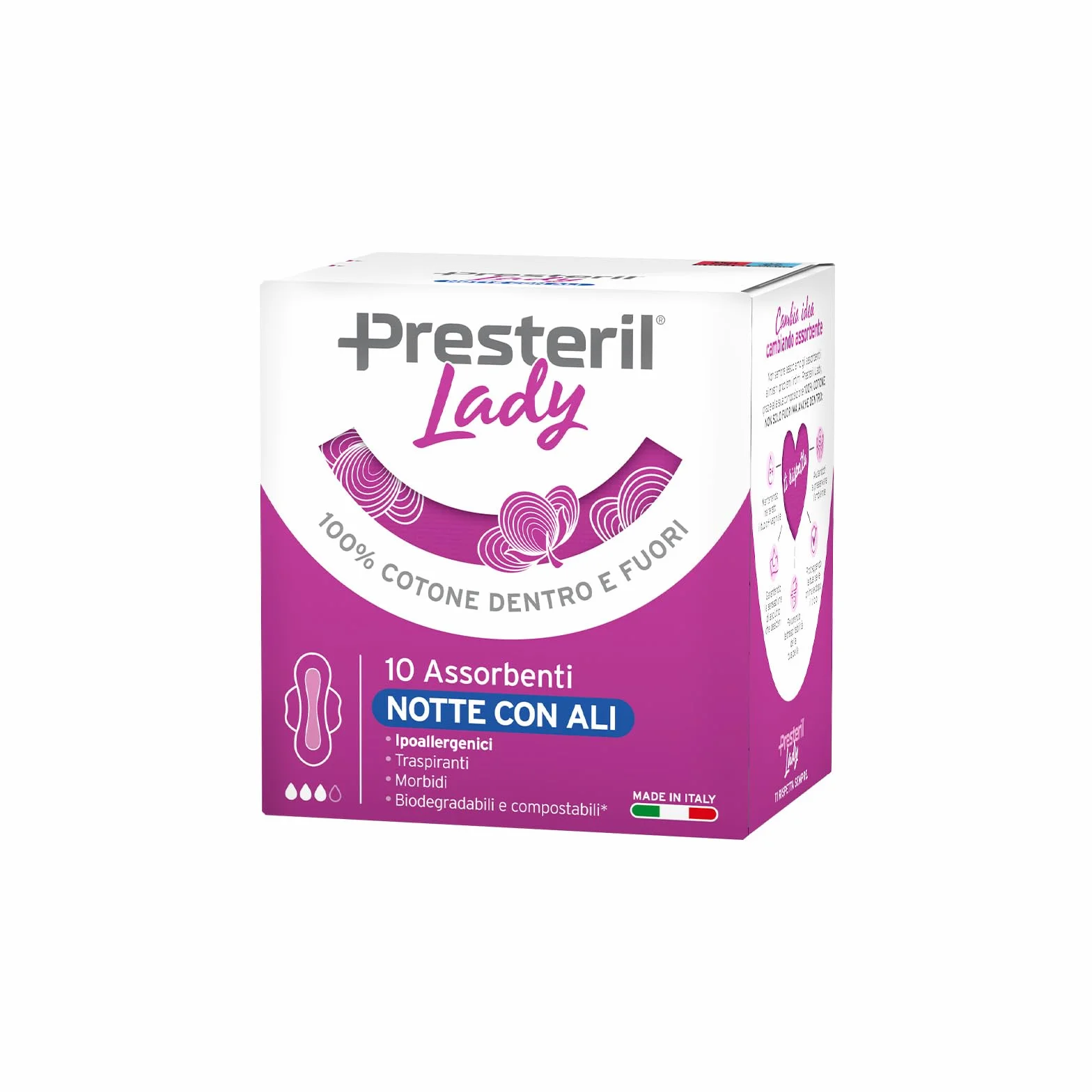 Presteril Lady, Assorbenti Esterni Notte con Ali in Cotone 100% Biodegradabile, 4 Confezioni da 10 unità (totale 40)