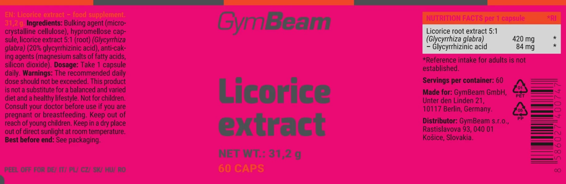 GymBeam Estratto di Liquirizia Standardizzato 5:1 84 mg Acido Glicirrizico per Dose 60 cps