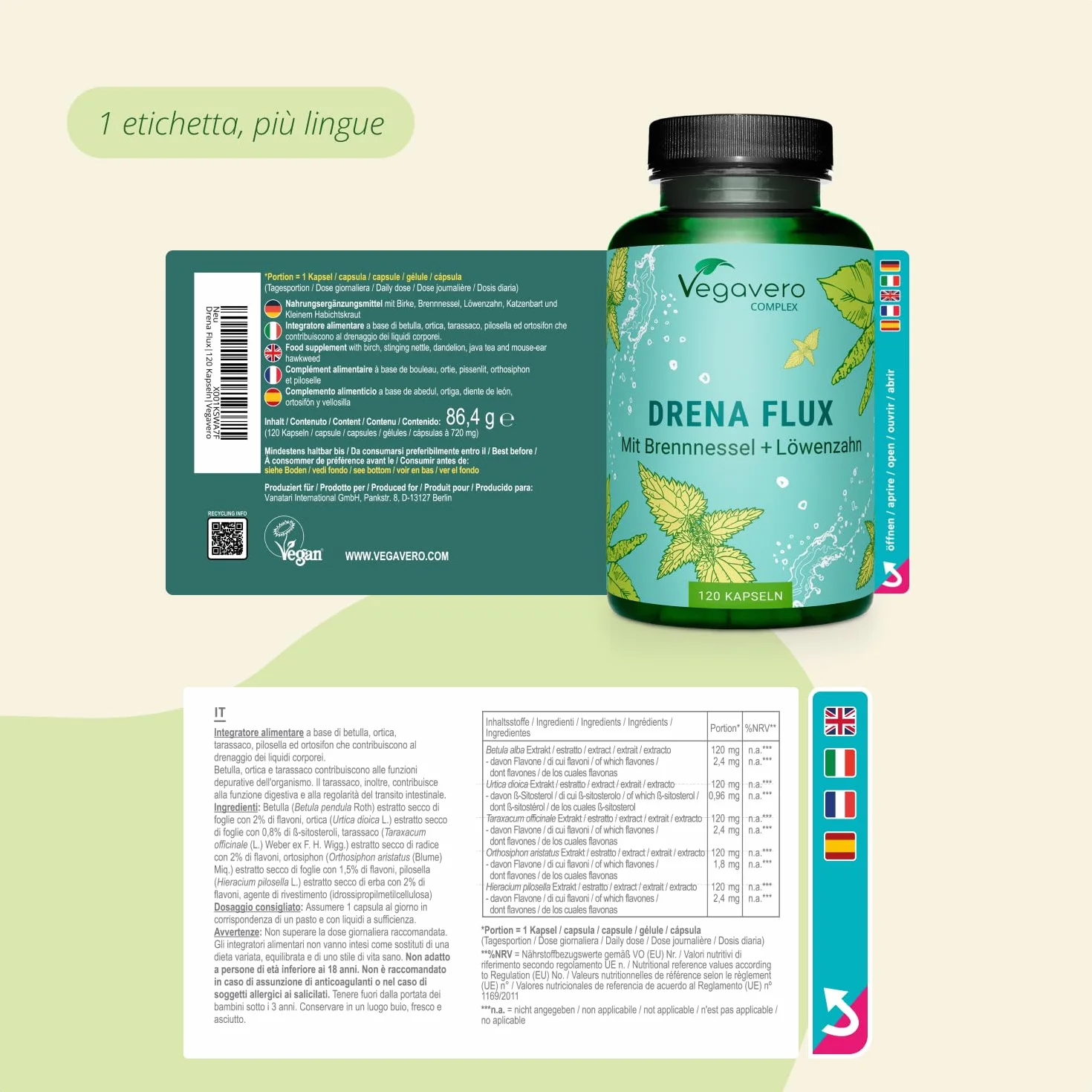 Vegavero DRENANTE Forte Diuretico per Ritenzione Idrica Gambe 4 Mesi Fornitura Natural Detox Vegan