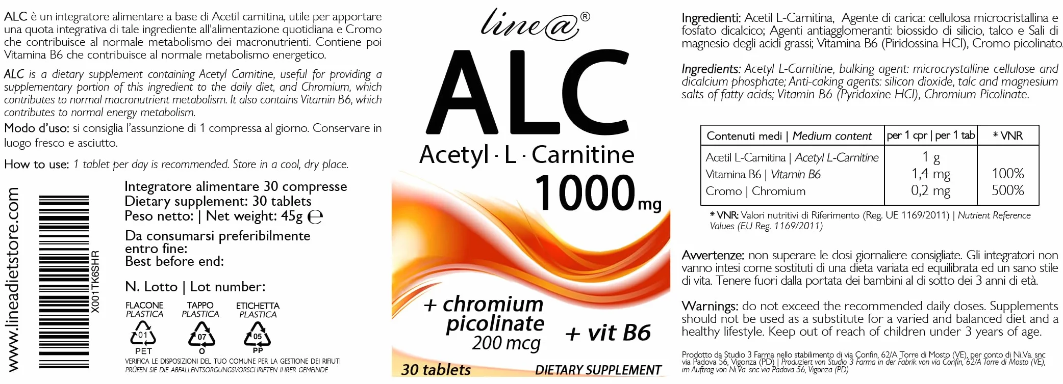 Acetil-L-Carnitina + VITAMINA B6 + CROMO Line@diet | 30 compresse per 1 mese | 1000 mg