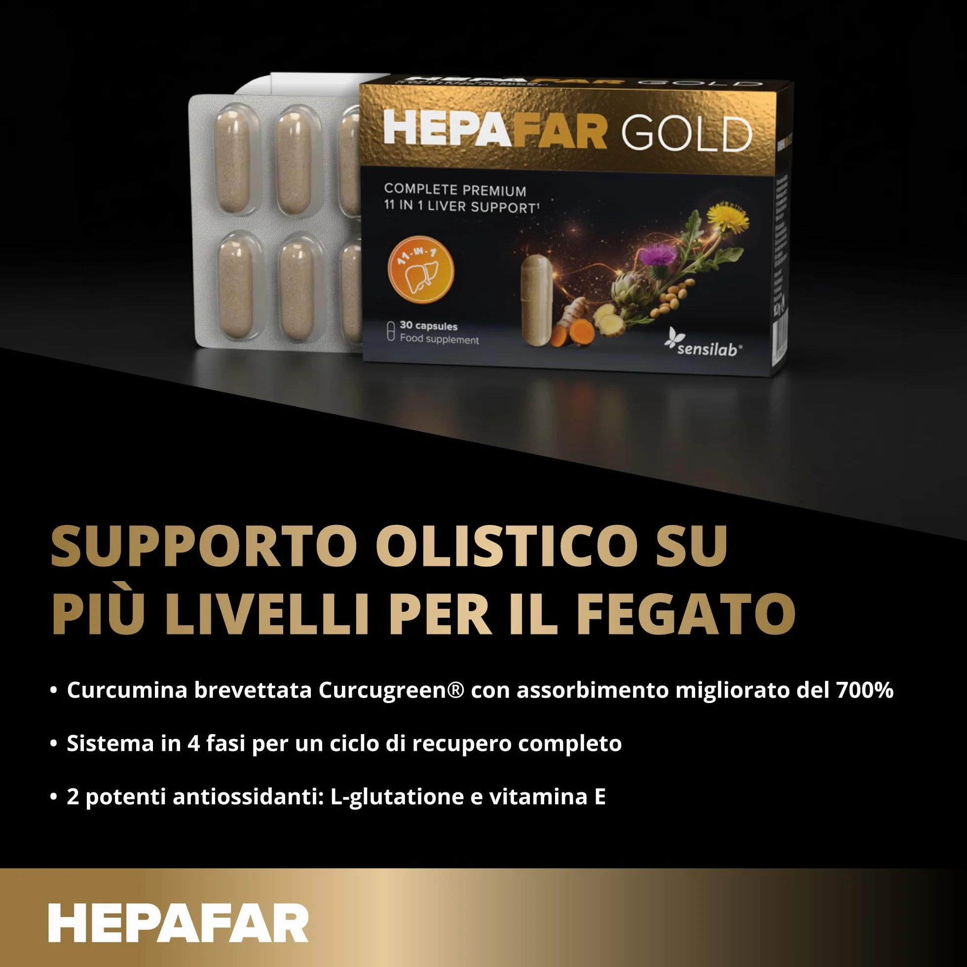 Hepafar Gold Premium Integratore per il Fegato con Glutatione, Curcuma, Cardo Mariano, 60 Capsule, Sensilab