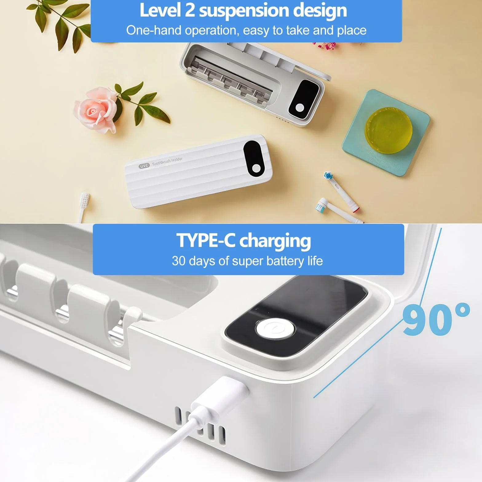 Igienizzante UV per spazzolino da denti, antibatterico, da parete, 5 slot, funzione timer, 2000 mAh ricaricabile, senza fili, montaggio a parete, bianco
