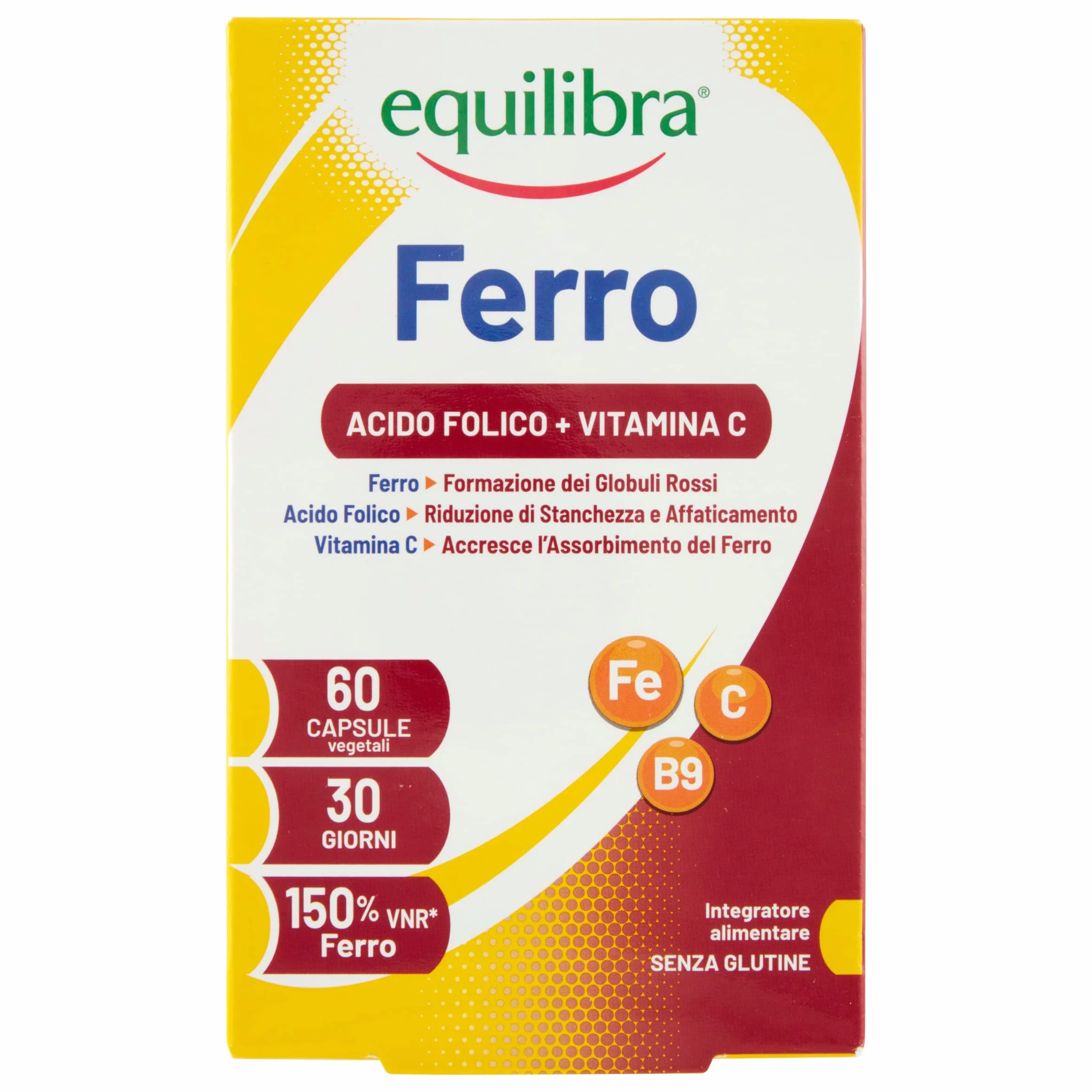 equilibra Integratori Alimentari, Ferro con Acido Folico + Vitamina C, Integratore a Base di Ferro, per la Normale Funzione dei Glubuli Rossi e dell'Emoglobina, 60 Capsule Vegetali