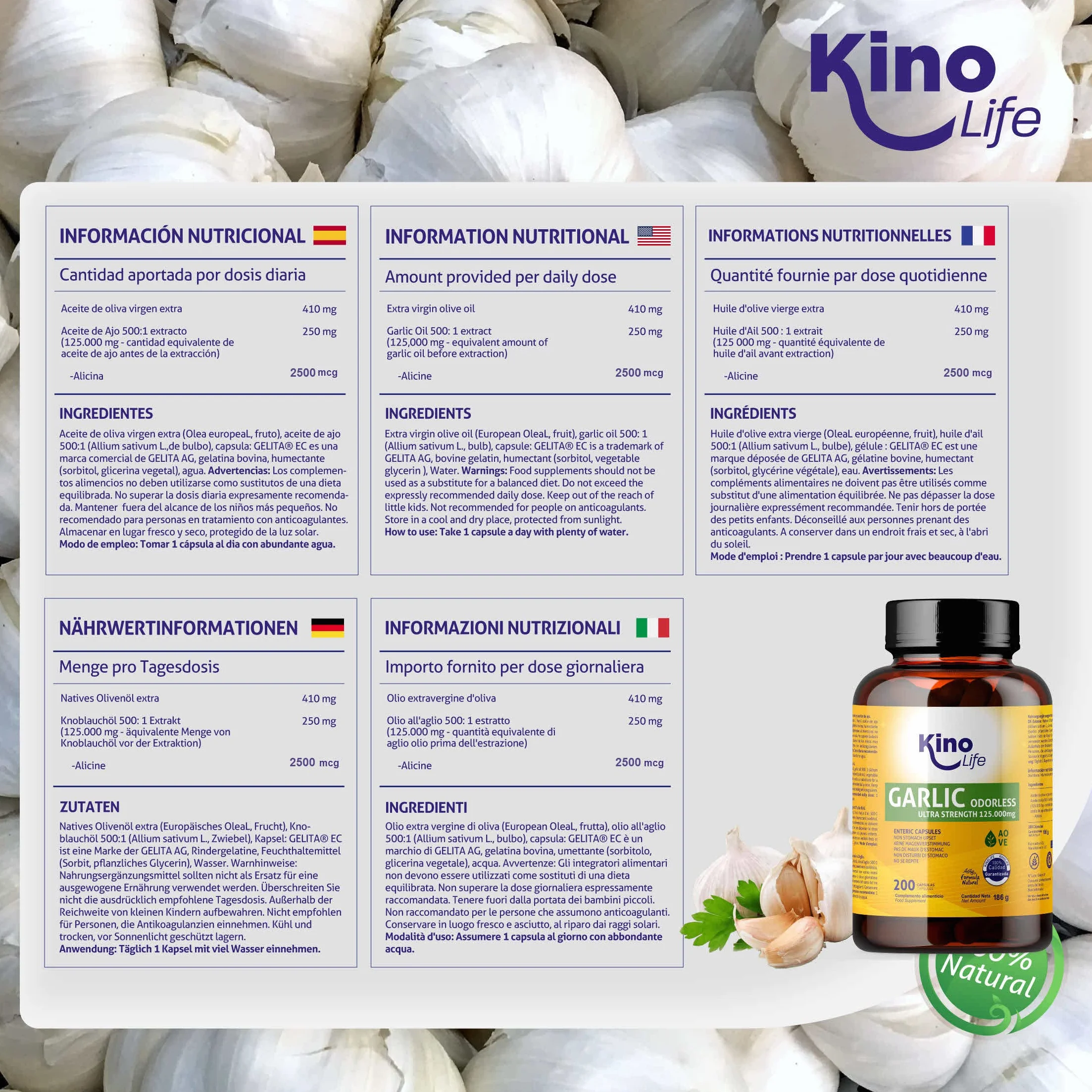 Aglio Deodorato 500:1 (Allium sativum) – 250 mg per Capsula, 2500 mcg Alicina, Softgel con Rivestimento Enterico, Formula Inodore, con Olio di Oliva, 200 Capsule, Senza Glutine, Non OGM