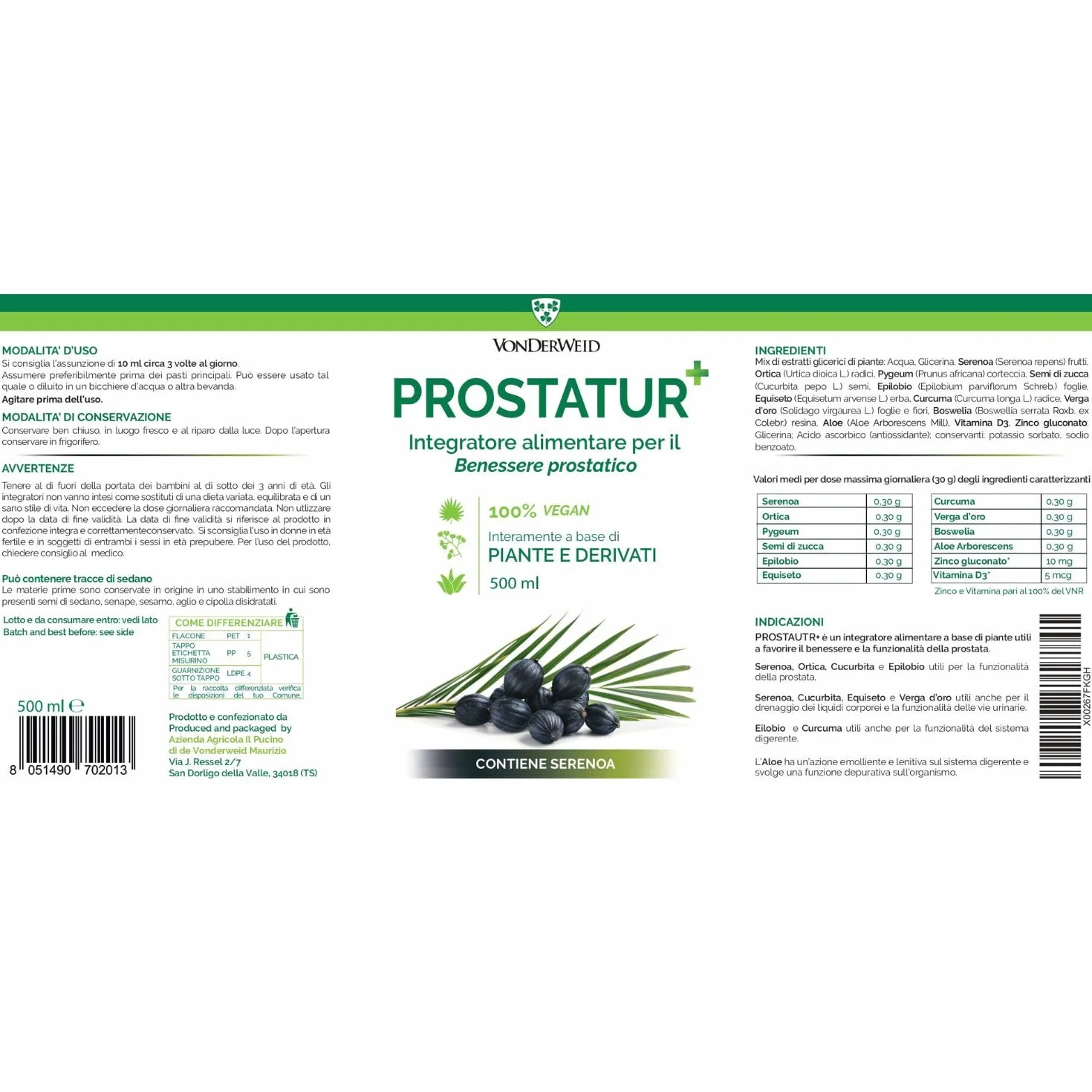 PROSTATUR+ Integratore Prostata Antinfiammatorio con Serenoa Repens, Pygeum Africanum, Epilobio, Ortica, Aloe, Zinco e Vitamina D 500 ml