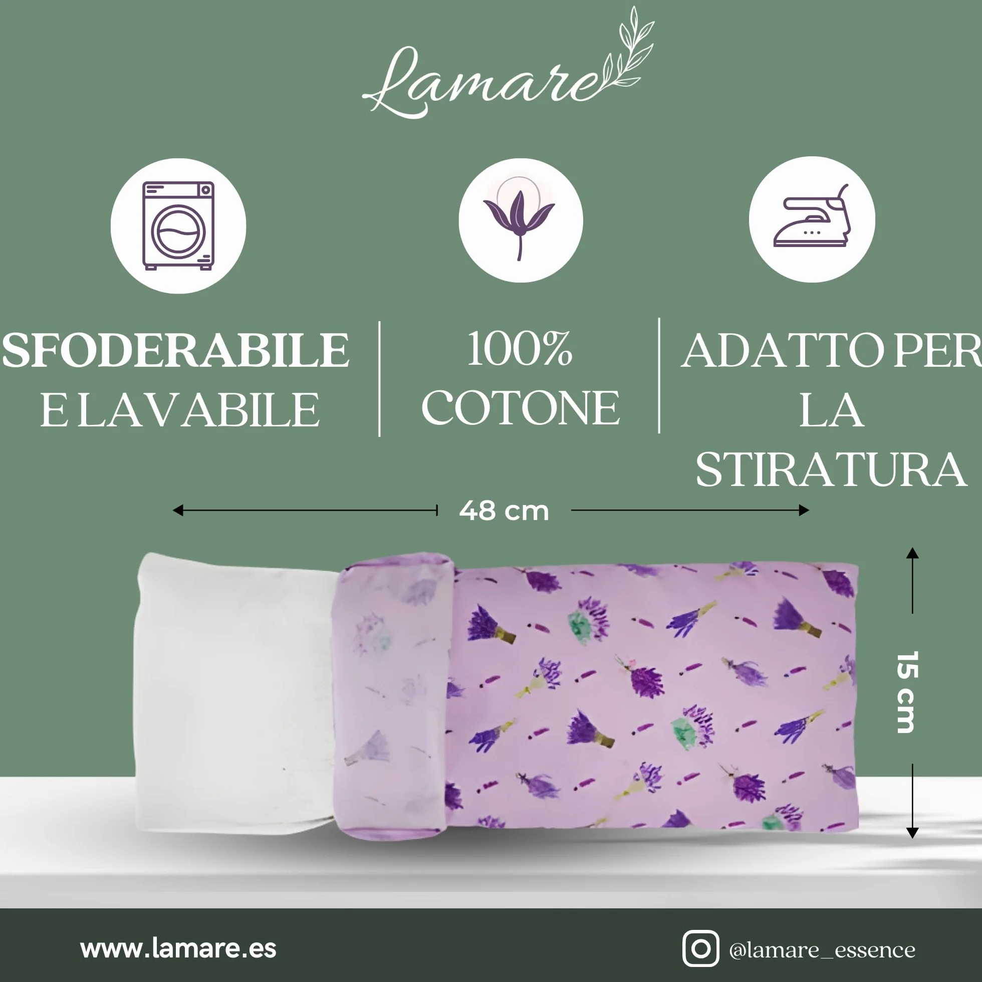 Lamare - Cuscino termico con semi di grano ecologico e lavanda, 48 x 15 cm, rivestimento lavabile 100% cotone, per cervicale e coliche, terapie a freddo e caldo, Lavanda stampata