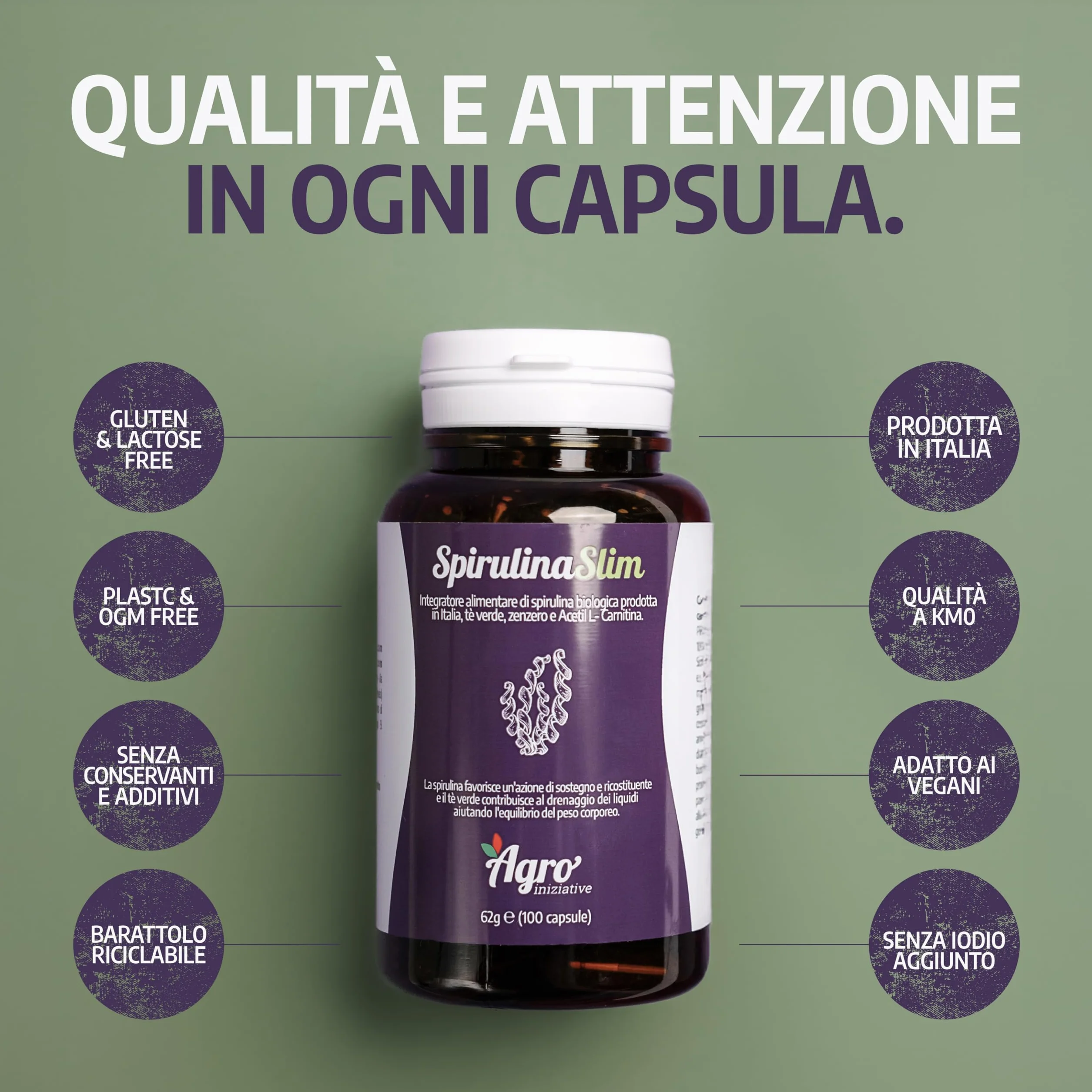 Spirulina Slim 100 Cps Alga Spirulina Biologica Drenante Detox Senza Iodio E Caffeina Con Zenzero Acetil L-Carnitina E Greenselect