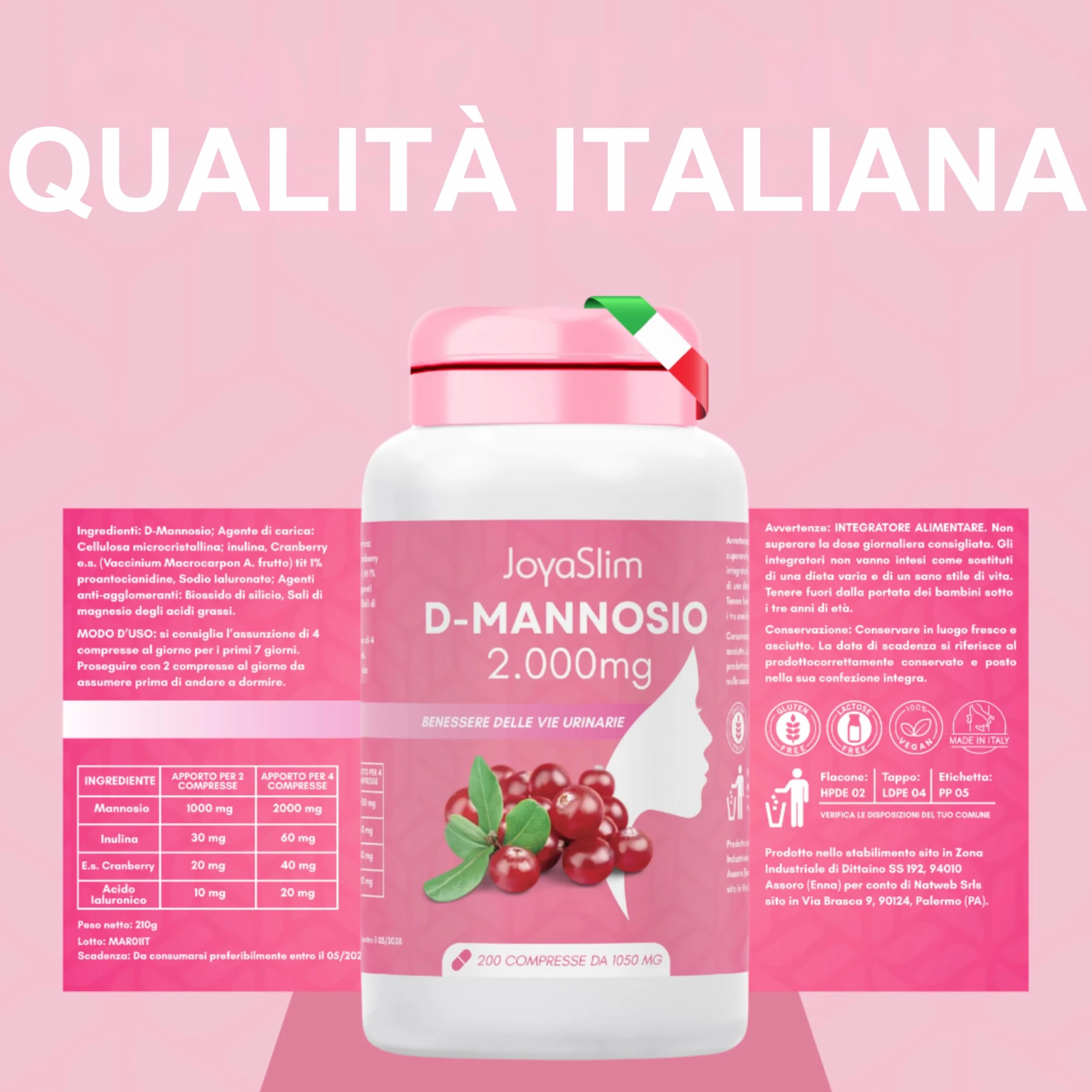 D Mannosio Puro 2000mg. JoyaSlim® Integratore Cistite e Candida. Con Acido Ialuronico, Mirtillo Rosso e Inulina. 200 Compresse (Fornitura 3 Mesi) Supporto Naturale Vie Urinarie Donna e Uomo