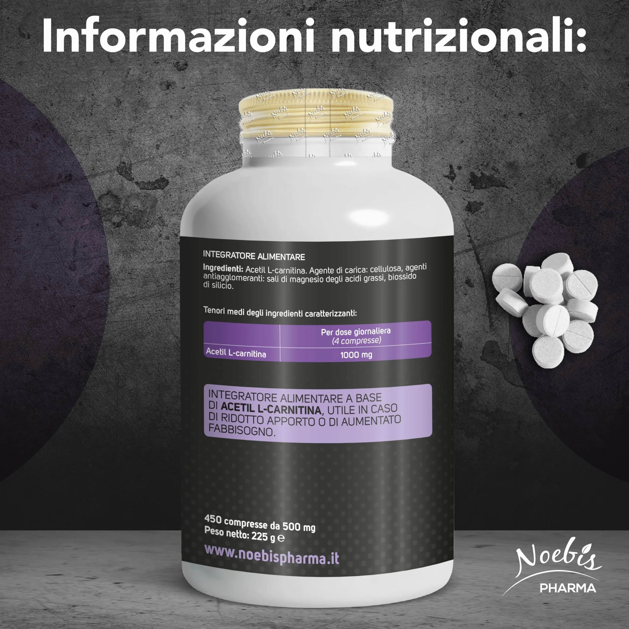Acetil L-Carnitina Noebis Pharma - 1000 mg per Dose Giornaliera - 450 Compresse - Energia e Vitalità - Maxi Formato