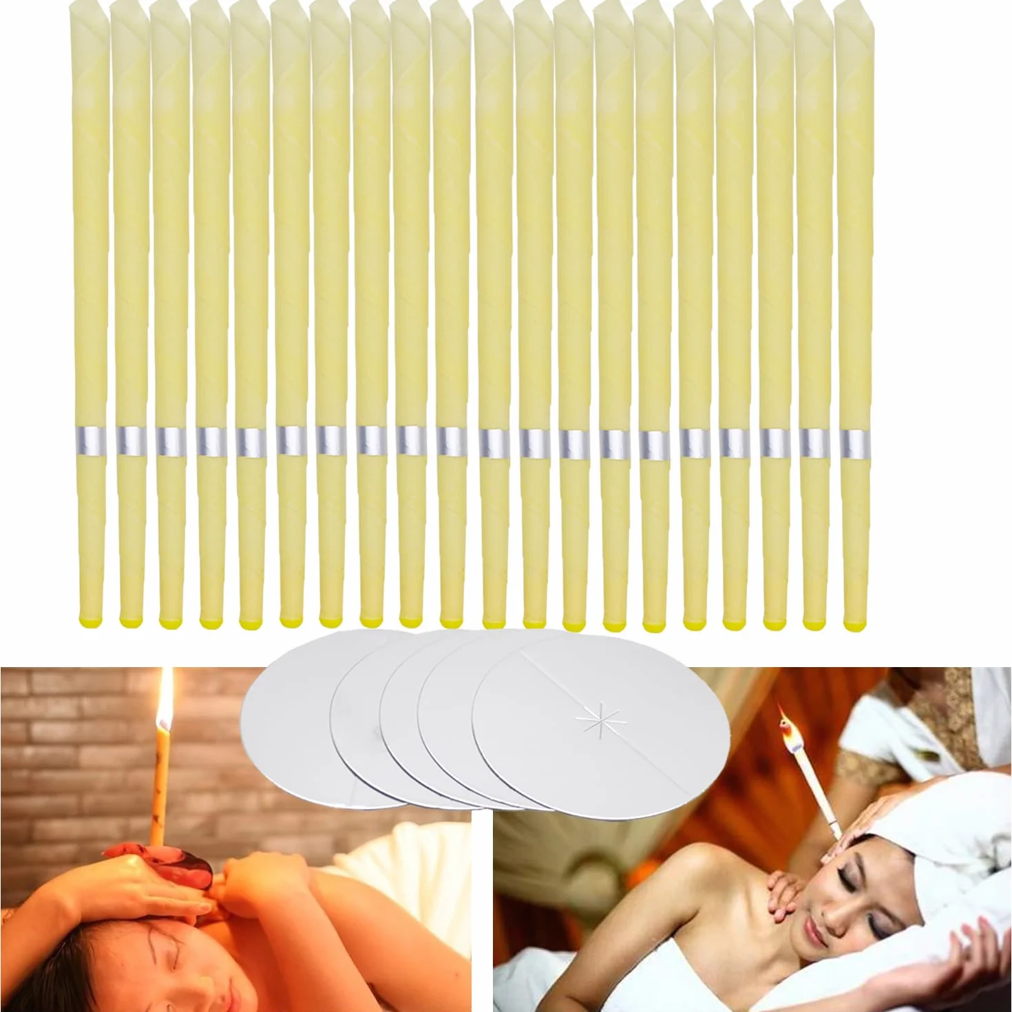 20 PCS Coni per orecchie,candele coniche, rimozione del cerume,- Cera d’Api e Mussola di Cotone Naturale con Filtri e Dischi Protettivi