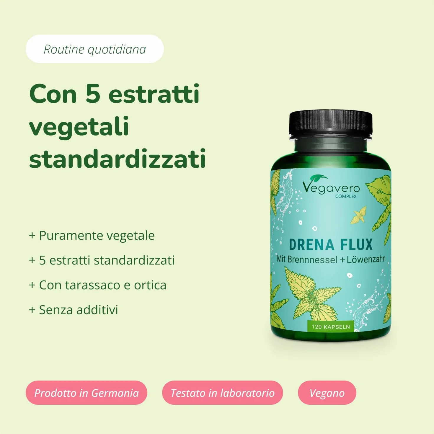 Vegavero DRENANTE Forte Diuretico per Ritenzione Idrica Gambe 4 Mesi Fornitura Natural Detox Vegan