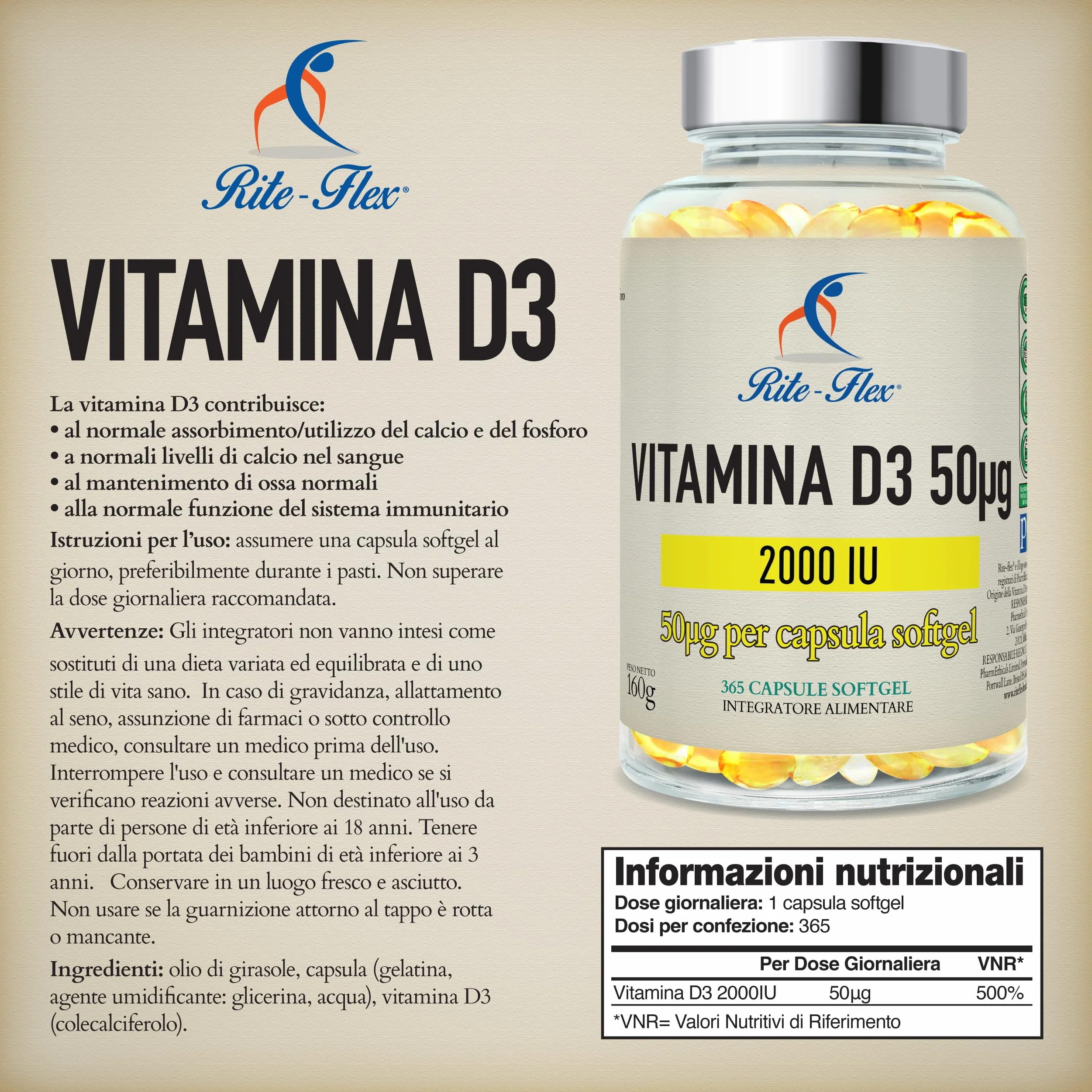 Rite-Flex, Integratore di Vitamina D3 2000 UI (365 Capsule Soft gel)