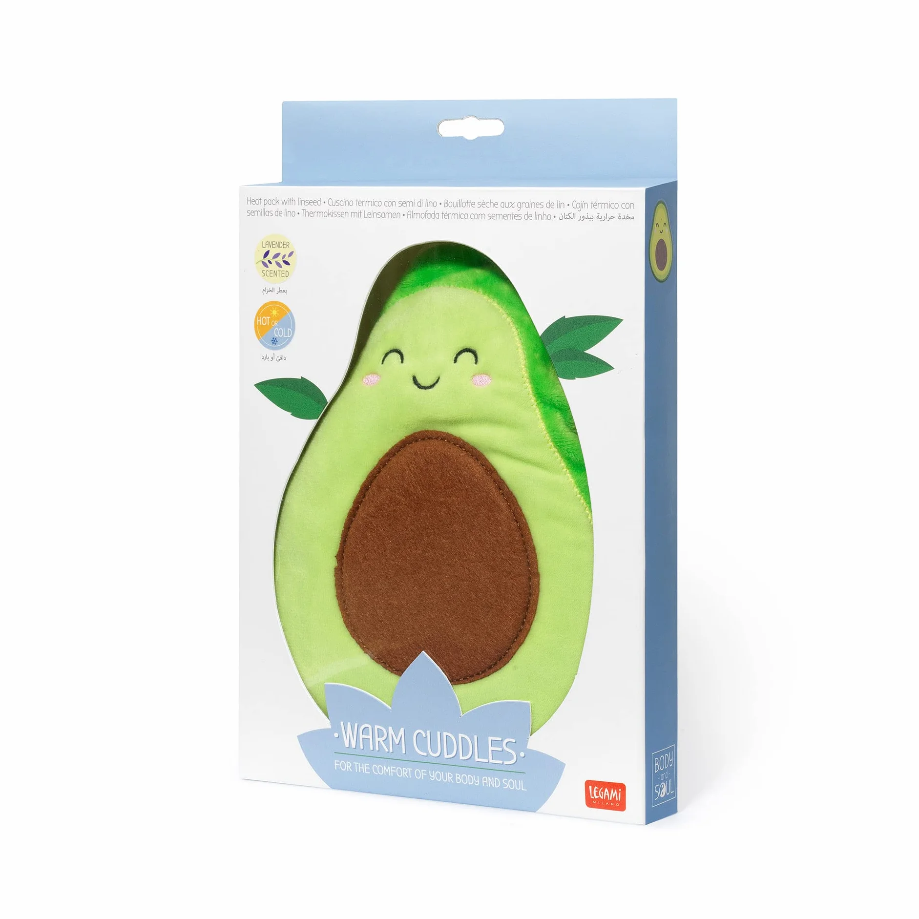 Legami - Cuscino Termico con Semi di Lino, Warm Cuddles, 26x26 cm, in Semi di Lino, Fiori di Lavanda Essiccati, Poliestere e Cotone, Variante Avocado, Dona Relax