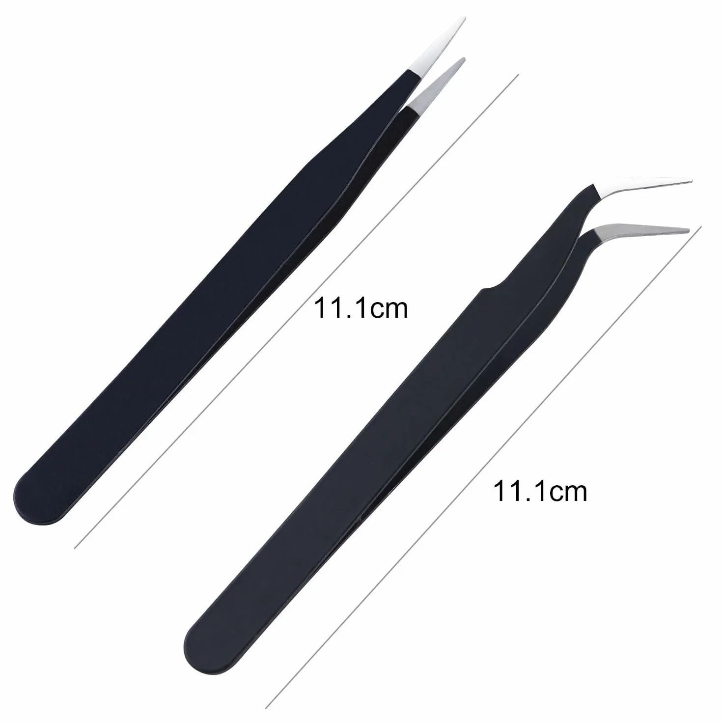 2 Pezzi Pinzetta, Pinzetta Extension Ciglia, Pinzette Diritto e Curvo Tip Pinza, per Estensioni Ciglia, DIY (Nero)