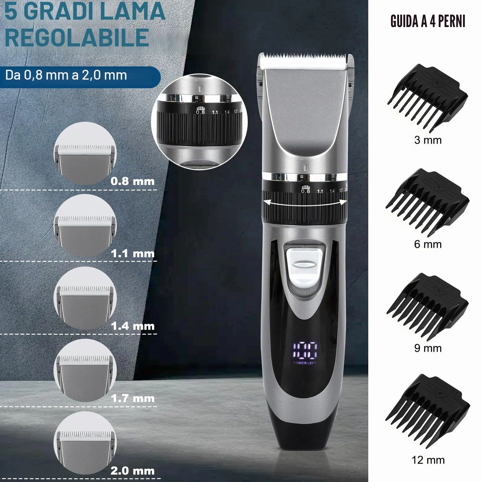 Cozary Rasoio Elettrico Barba, Macchinetta per Capelli, Tagliacapelli Uomo Professionale, Ricarica USB con Display a LED, 4 Pettini Guida, Senza Fili Trimmer, Regolabarba Uomo per Famiglia/Barbiere