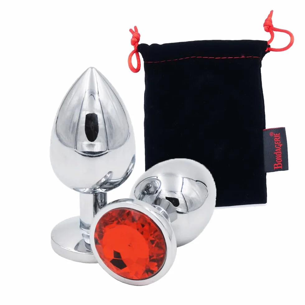 BONDAGERIE® Plug Anale Sextoy italiano 100% Sicuro dilatatore uomo donna con gioiello rosso in metallo e sacchetto, Taglia S