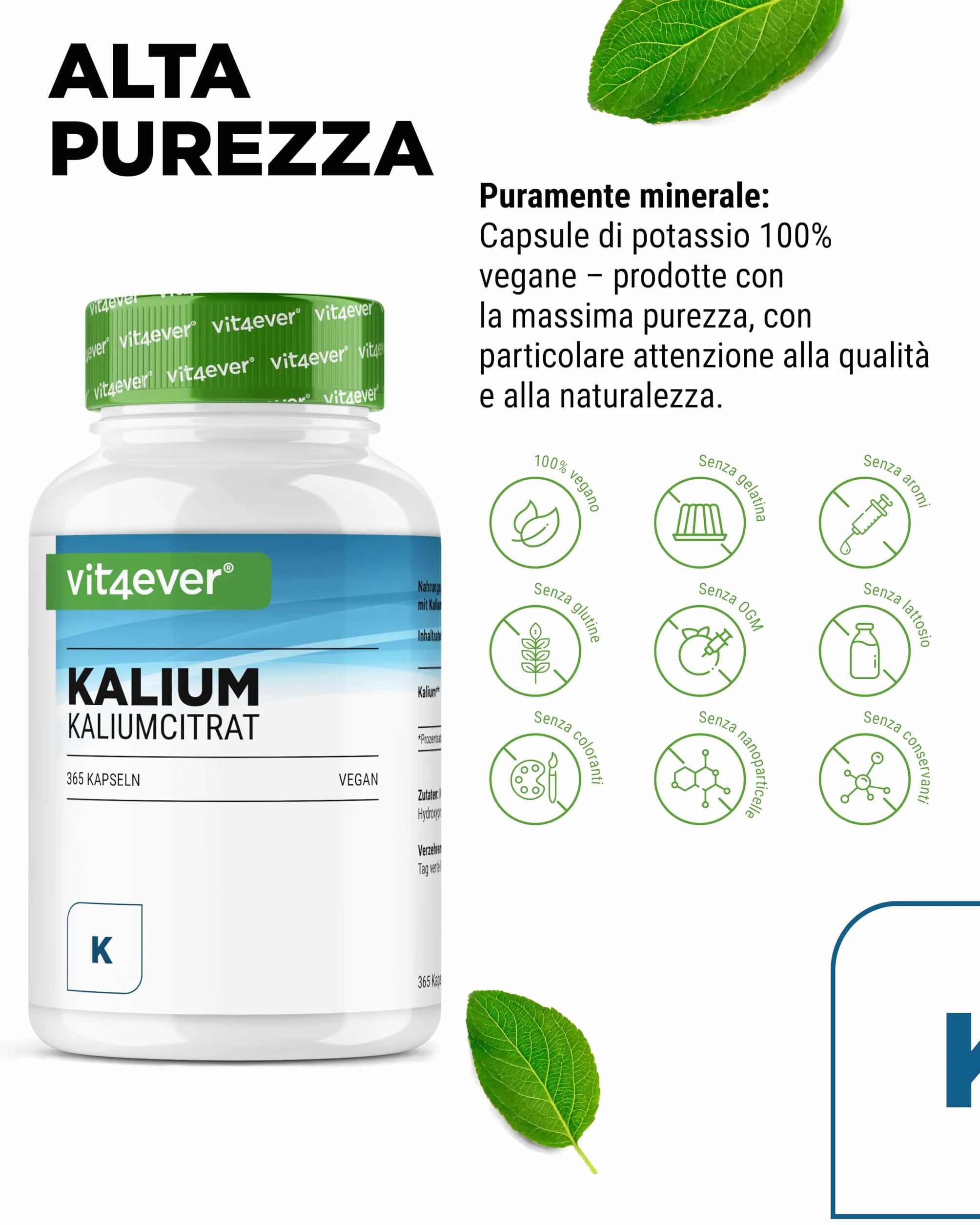 Potassio - 365 capsule con 800 mg di potassio elementare (da citrato di potassio) per porzione giornaliera - 100% citrato - Vegano