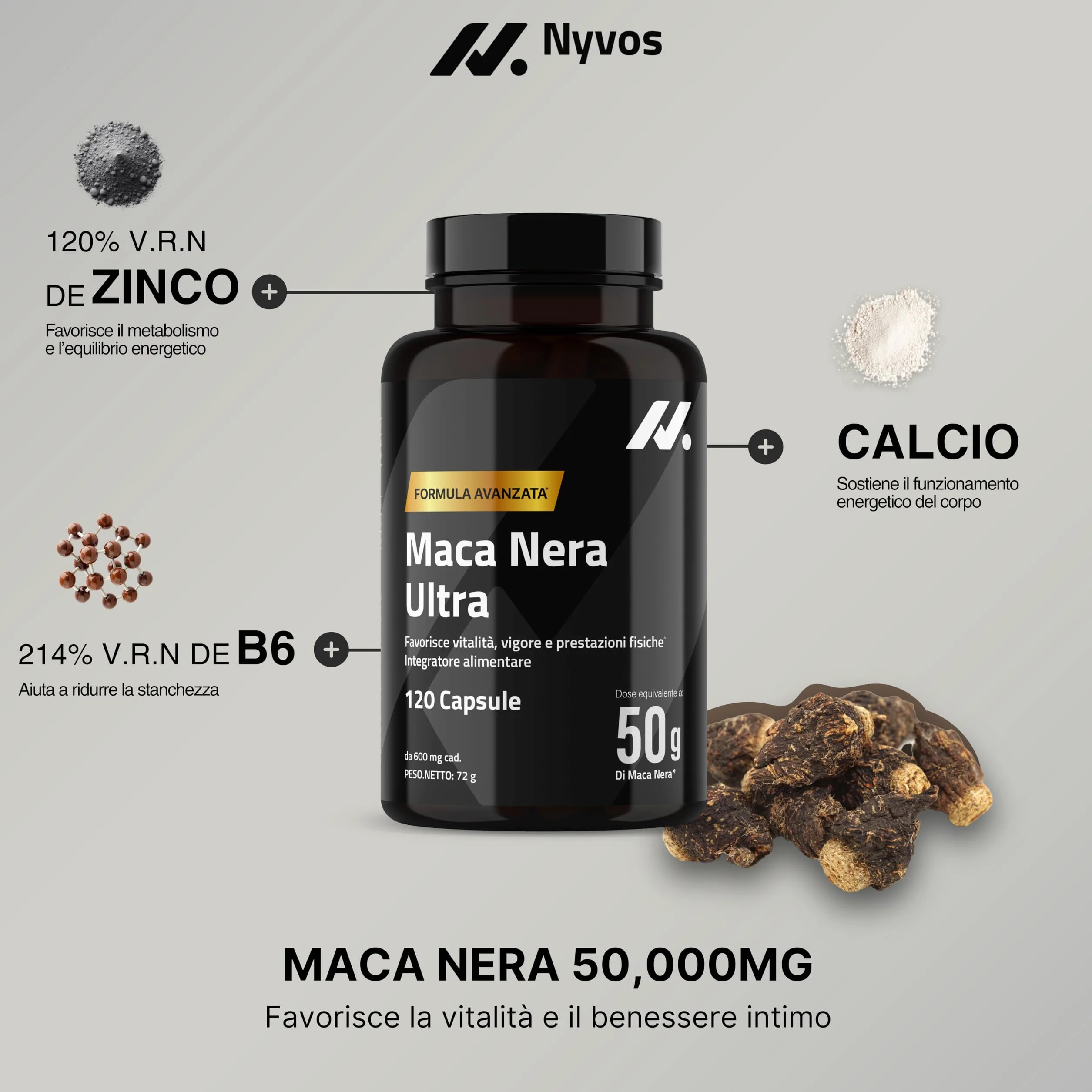 Maca Nera Extra Forte 50.000 mg 100:1 – Integratore per Uomo con Maca Peruviana, Zinco e Vitamina B6 – Energia e Vitalità – Testosterone Support – 120 Capsule – Nyvos