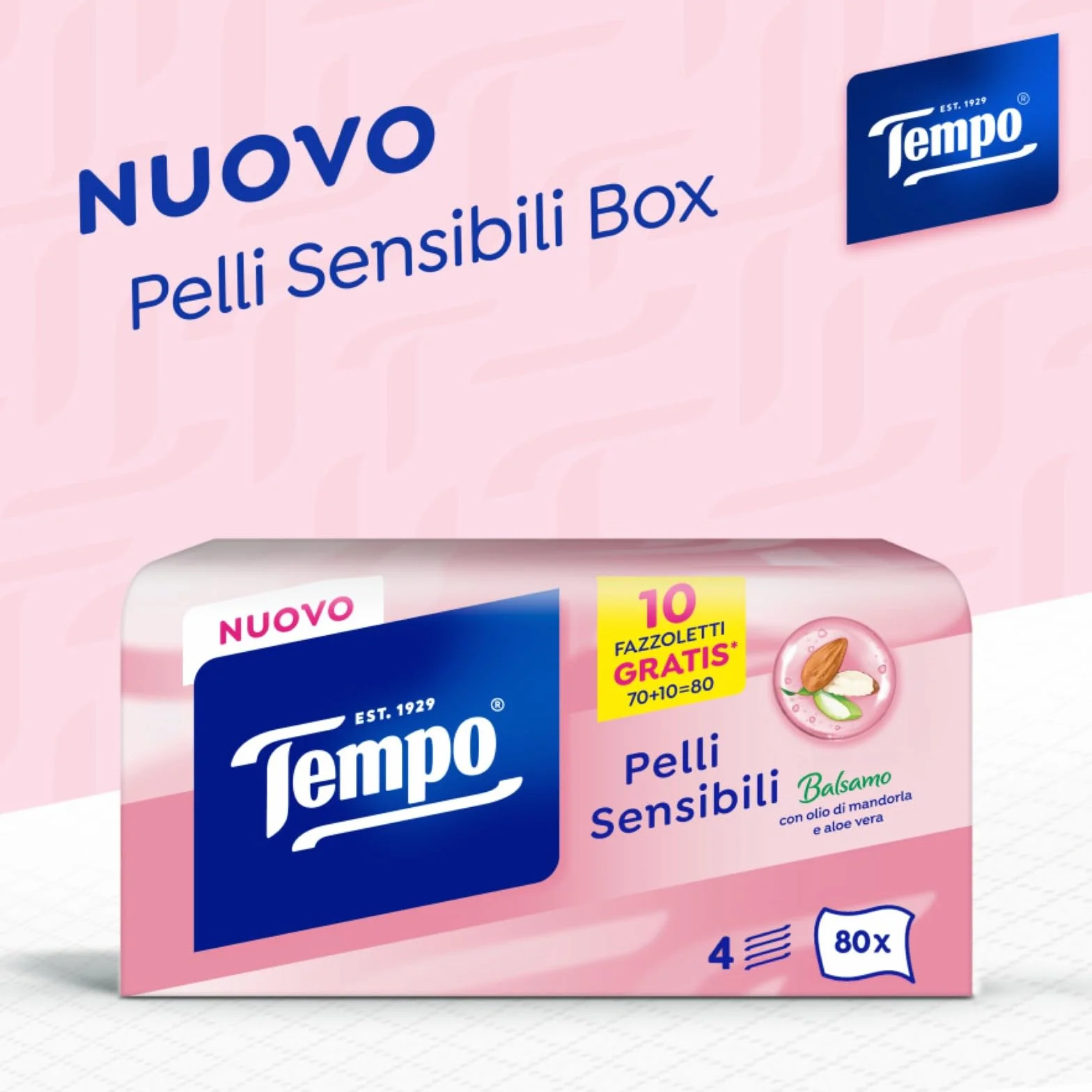 Tempo Fazzoletti Box Pelli Sensibili 4 Veli 12 Confezioni 960 Fazzoletti olio di mandorla aloe vera