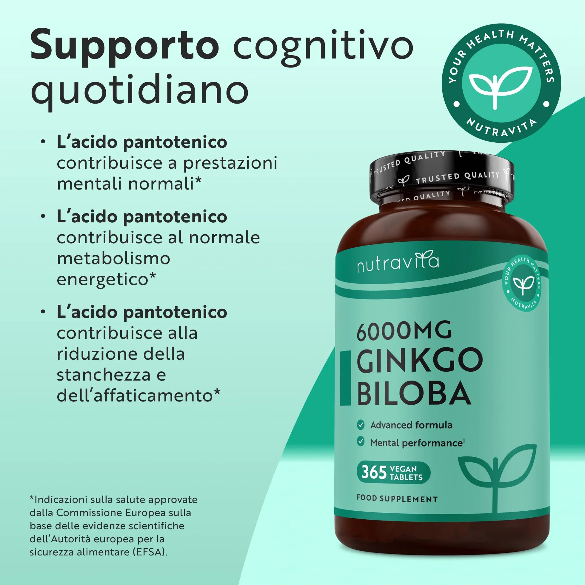 Nutravita Ginkgo Biloba 6000 mg 365 Compresse Vegane Integratore Alimentare con Vitamina B5 Estratto 50:1