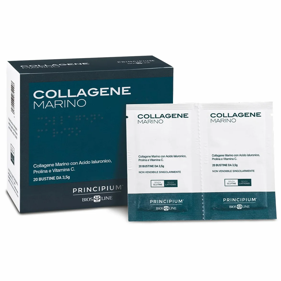 BIOS LINE Principium Collagene Marino Integratore Alimentare per l'Elasticità della Pelle, 20 Buste 3,5g