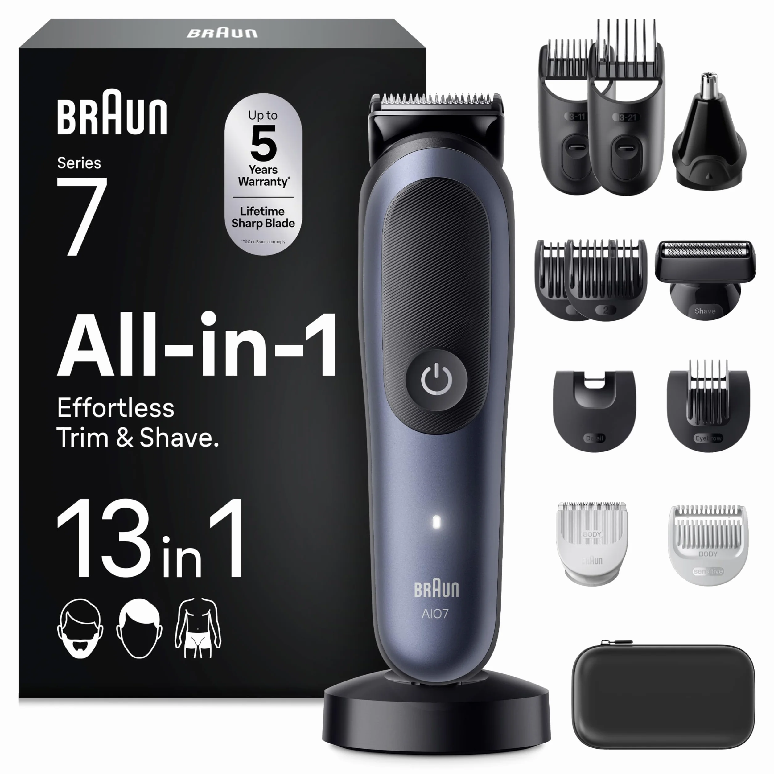 Braun Rifinitore All-in-One Series 7, Rasoio Elettrico Barba e Capelli 13in1, Lama Problade, Rasoio Elettrico Corpo Uomo, Taglia Peli Naso, 120 Min. Autonomia, Pettini Aree Sensibili, Wet&Dry, Aio7565