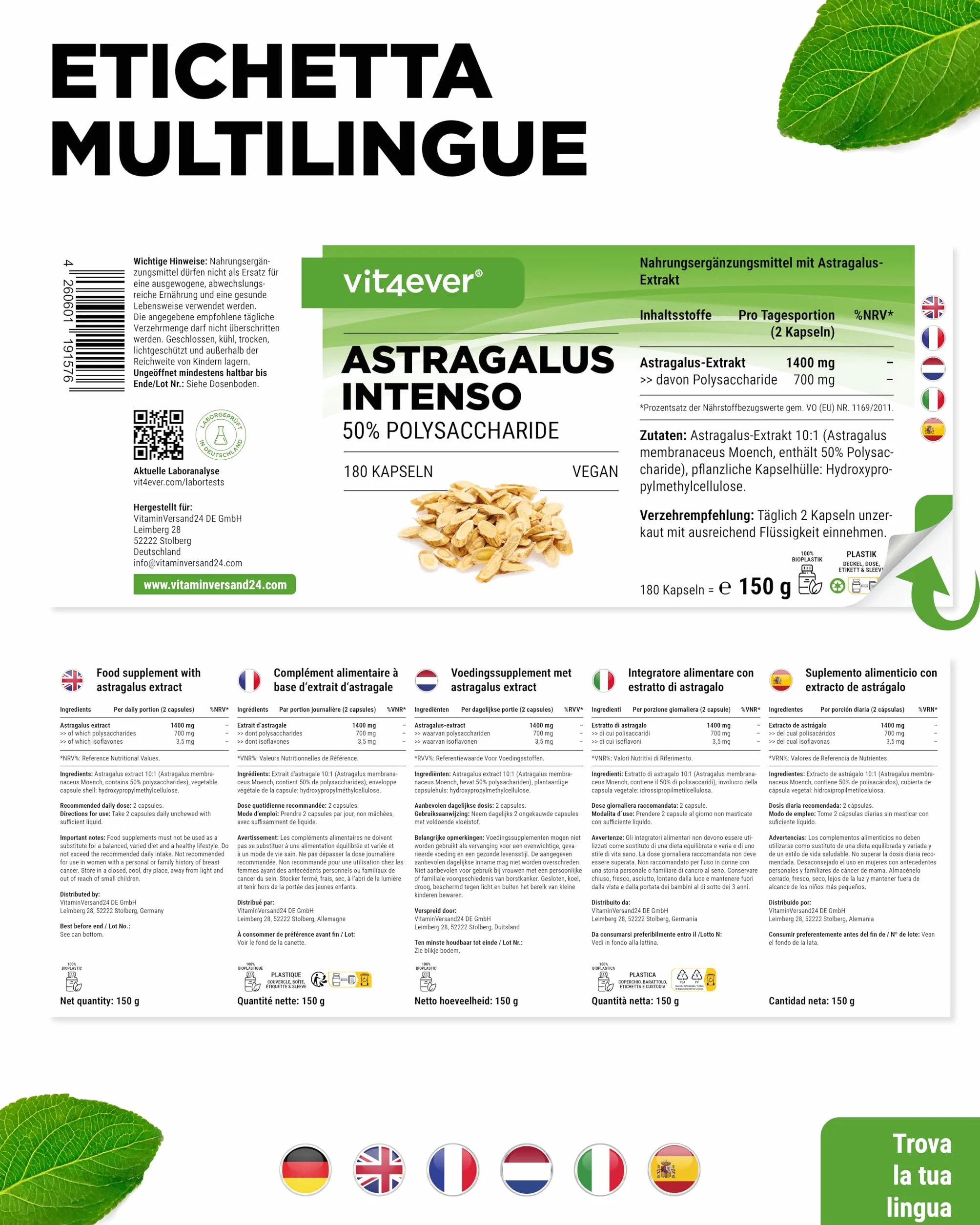 Vit4ever Astragalo 1400 mg Estratto Puro 180 Capsule 50% Polisaccaridi Integratore Vegano