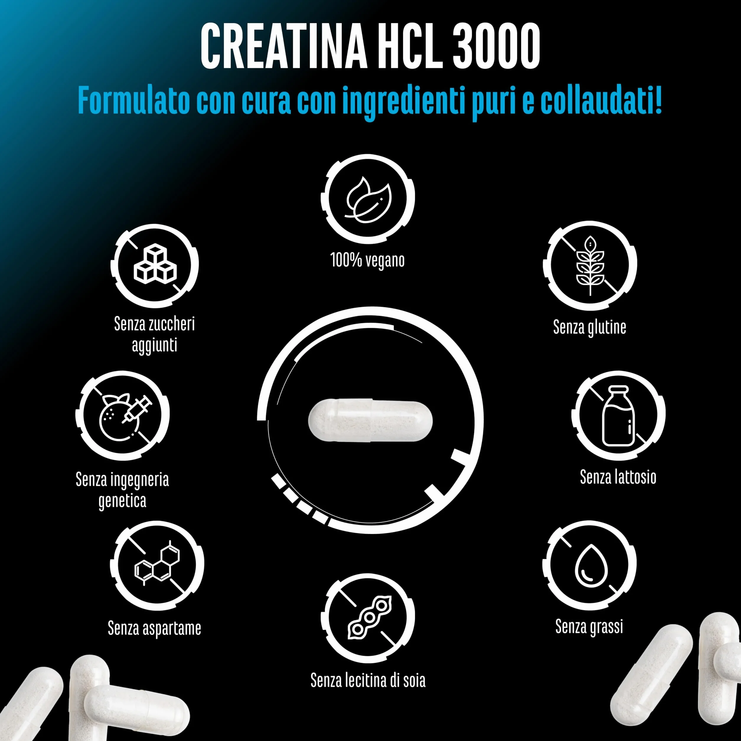 Creatine HCL - 365 capsule - Ad alto dosaggio con 3000 mg di cloridrato di creatina per dose giornaliera - Massimo assorbimento & biodisponibilità - 100% vegano