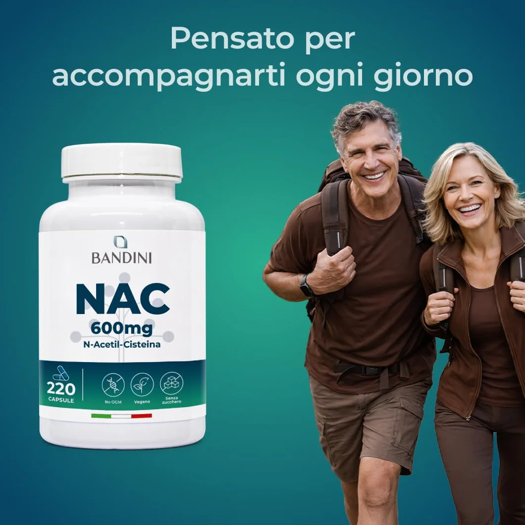 Bandini® NAC N-Acetil-Cisteina 220 Capsule 600mg (+7 Mesi),Precursore del Glutatione, Acetilcisteina 600mg, 1 Capsula al Giorno, Alto Dosaggio di N-Acetilcisteina Aumentata, Integratore 100% Vegano