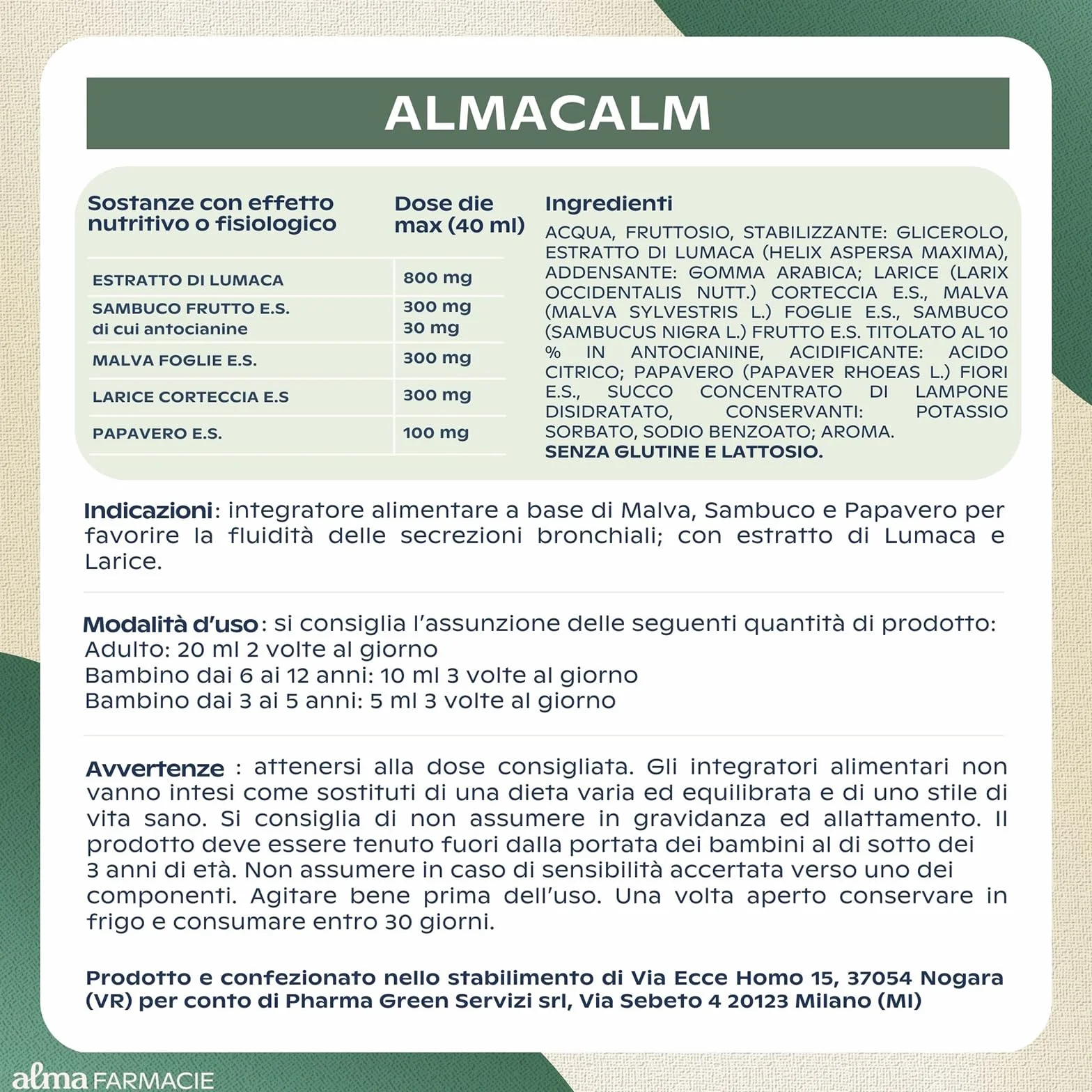 AlmaCalm Alma Farmacie, Sciroppo per Tosse ad Azione Lenitiva, Con Ingredienti Naturali, Malva, Sambuco e Papavero, Anche per Bambini, Bassa Concentrazione di Zuccheri, 200 ml
