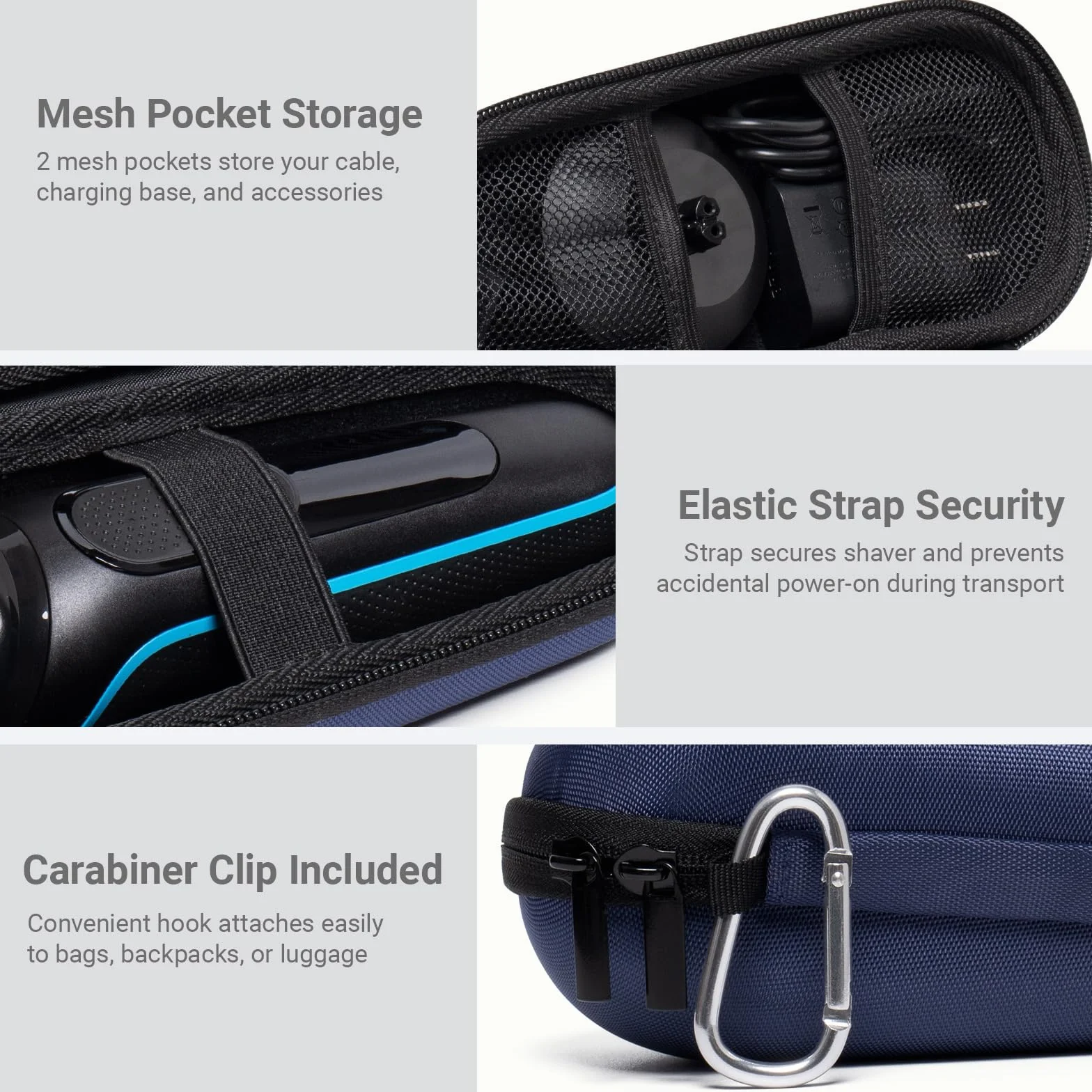 Nincha Custodia per rasoio elettrico Braun Series 3, 5, 7, 9, custodia rigida da viaggio in EVA con vano caricabatterie, custodia protettiva per il trasporto con moschettone, blu navy