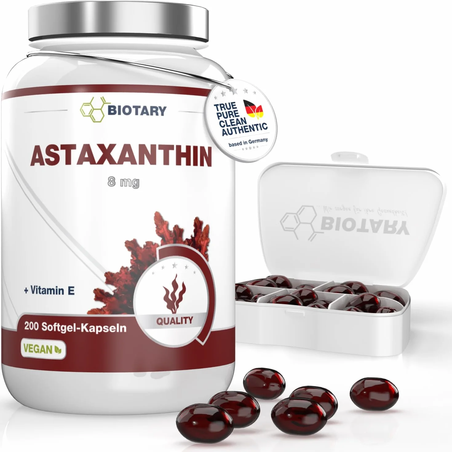 Astaxantina 8 mg 200 capsule vegetali vegane con vitamina E, Haematococcus Pluvialis
