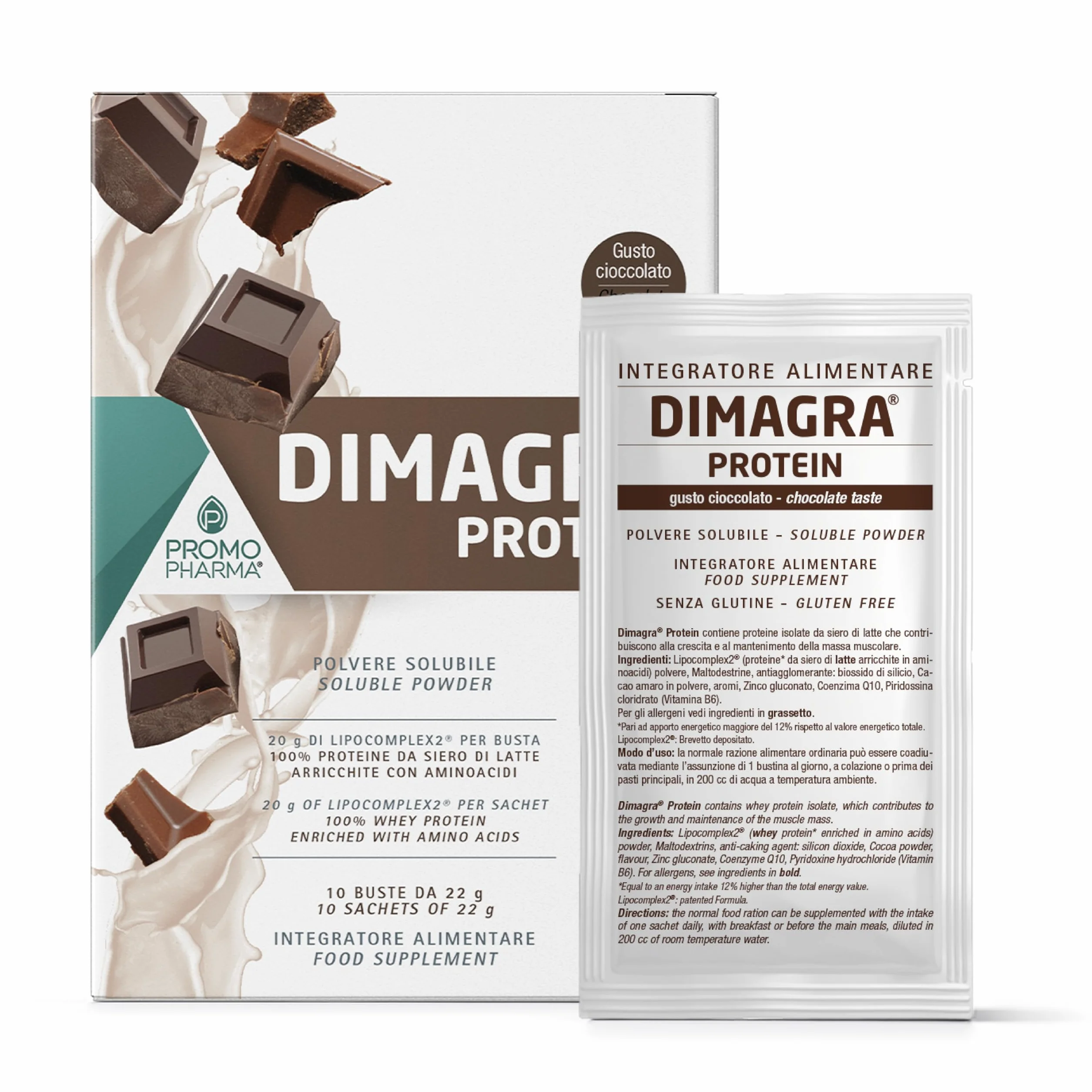Dimagra Protein - Integratore Proteico per Dieta Chetogenica - Proteine in Polvere - Gusto Cioccolato - 10 buste da 22 g
