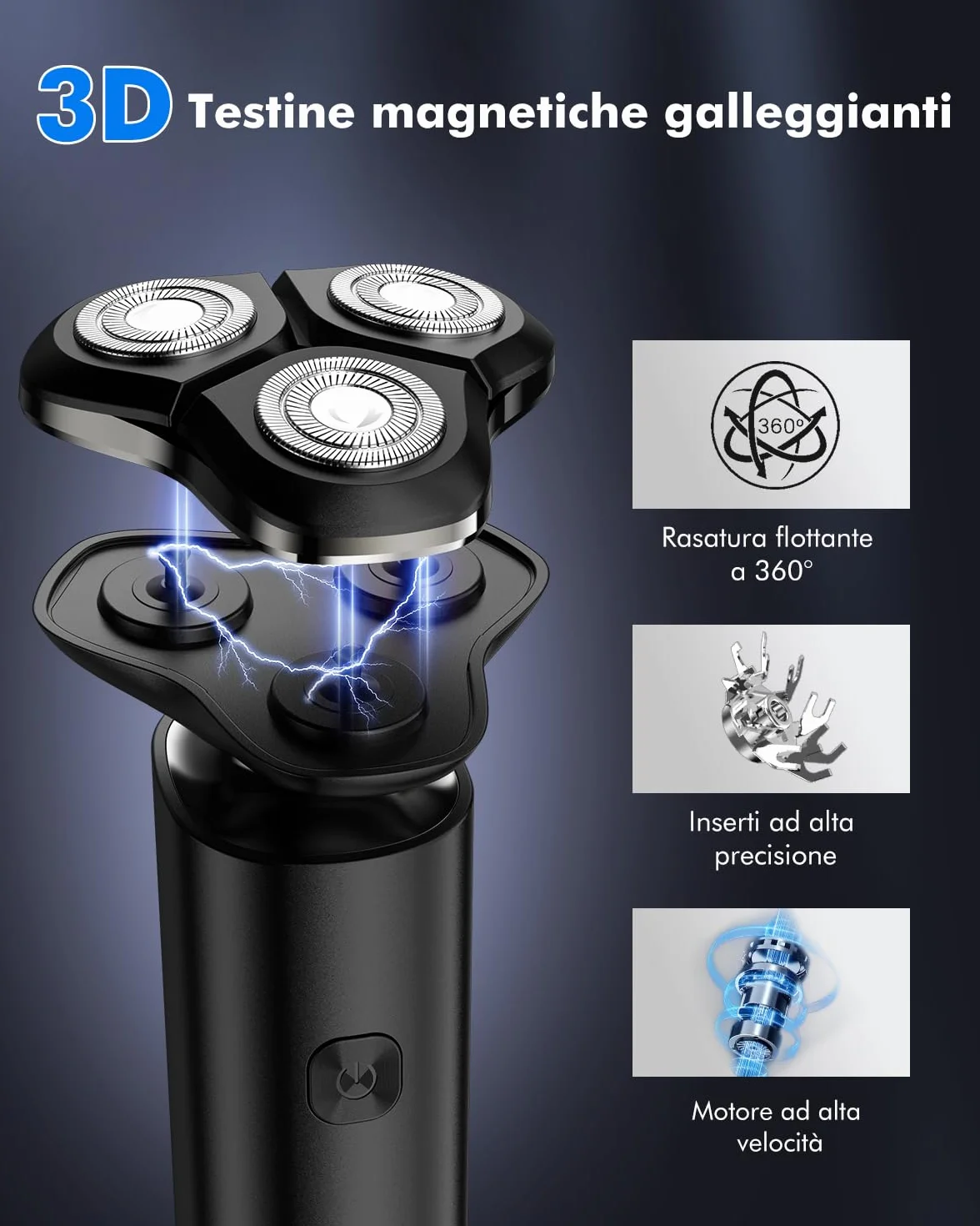 Rasoio Elettrico Barba Uomo IPX7 3D Rotativo con Display LED Wet & Dry Set 3 in 1