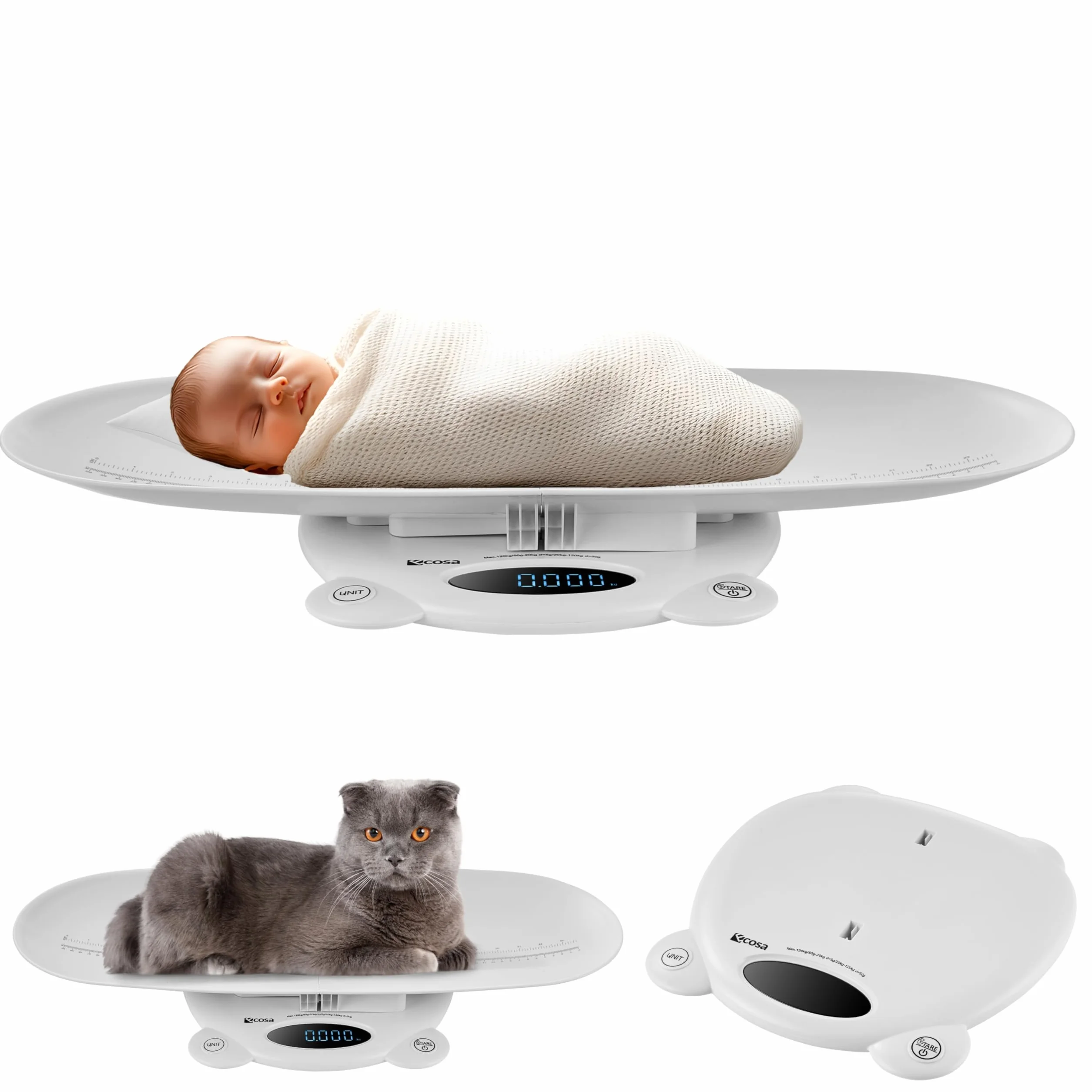 Bilancia Digitale 3 in 1 per Animali e Pesapersone, Display LED, Capacità 120 kg, Funzione Tara/Hold, Design ABS
