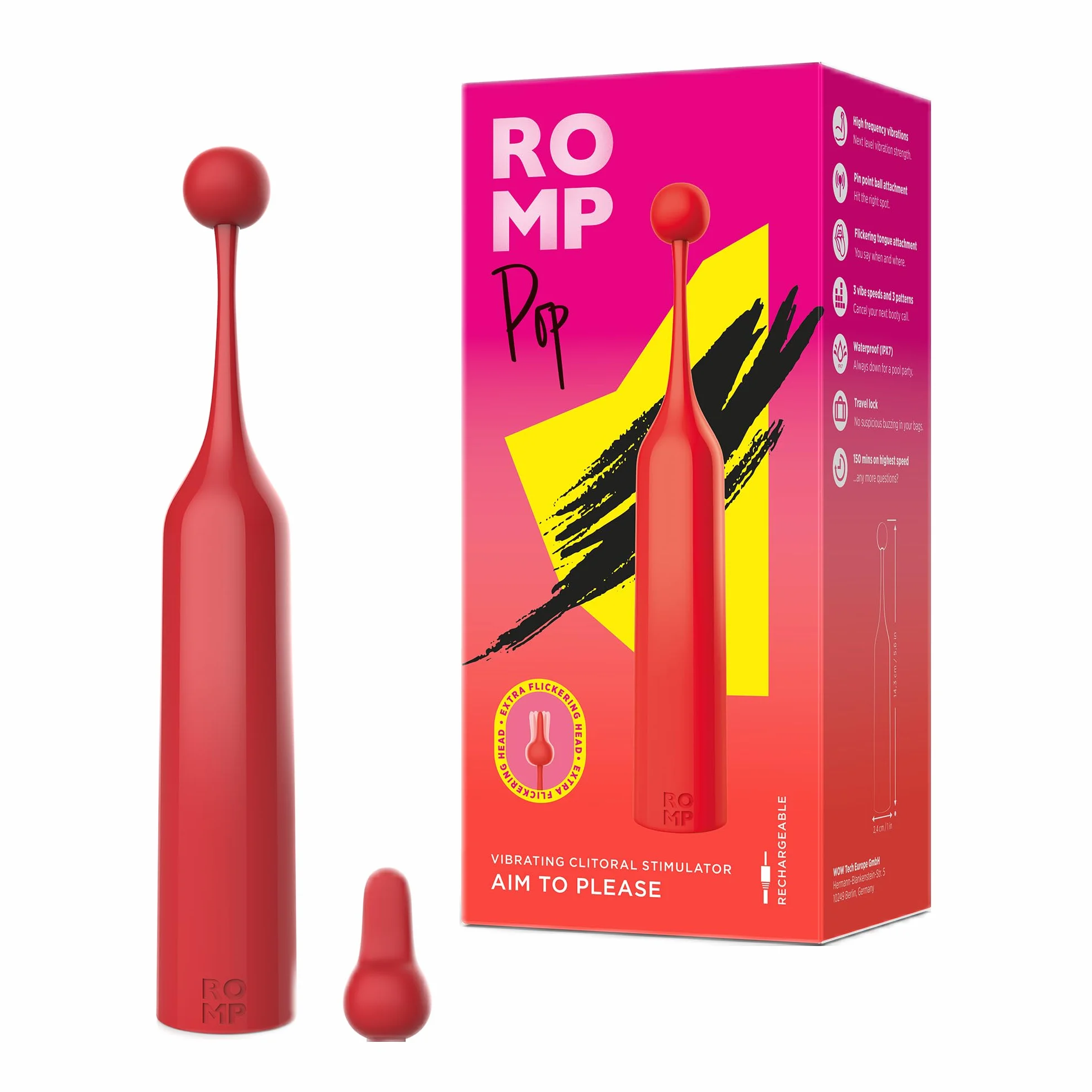 ROMP Pop Vibratore ad Alta Frequenza | Stimolatore Clitorideo | Per Donne con 3 Modelli di Vibrazione | Giocattolo Sessuale Portatile per Adulti | Ricaricabile e Impermeabile | Rosso