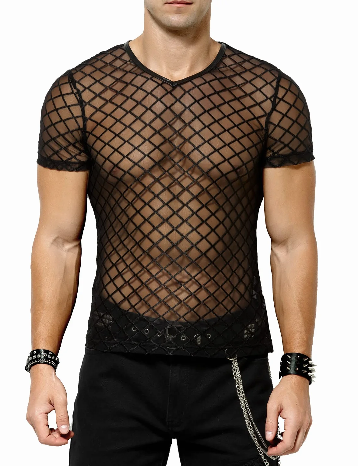Casey Kevin Maglia Trasparente Uomo Rete Intimo Sexy Mesh Fishnet T-Shirt Camicia Party