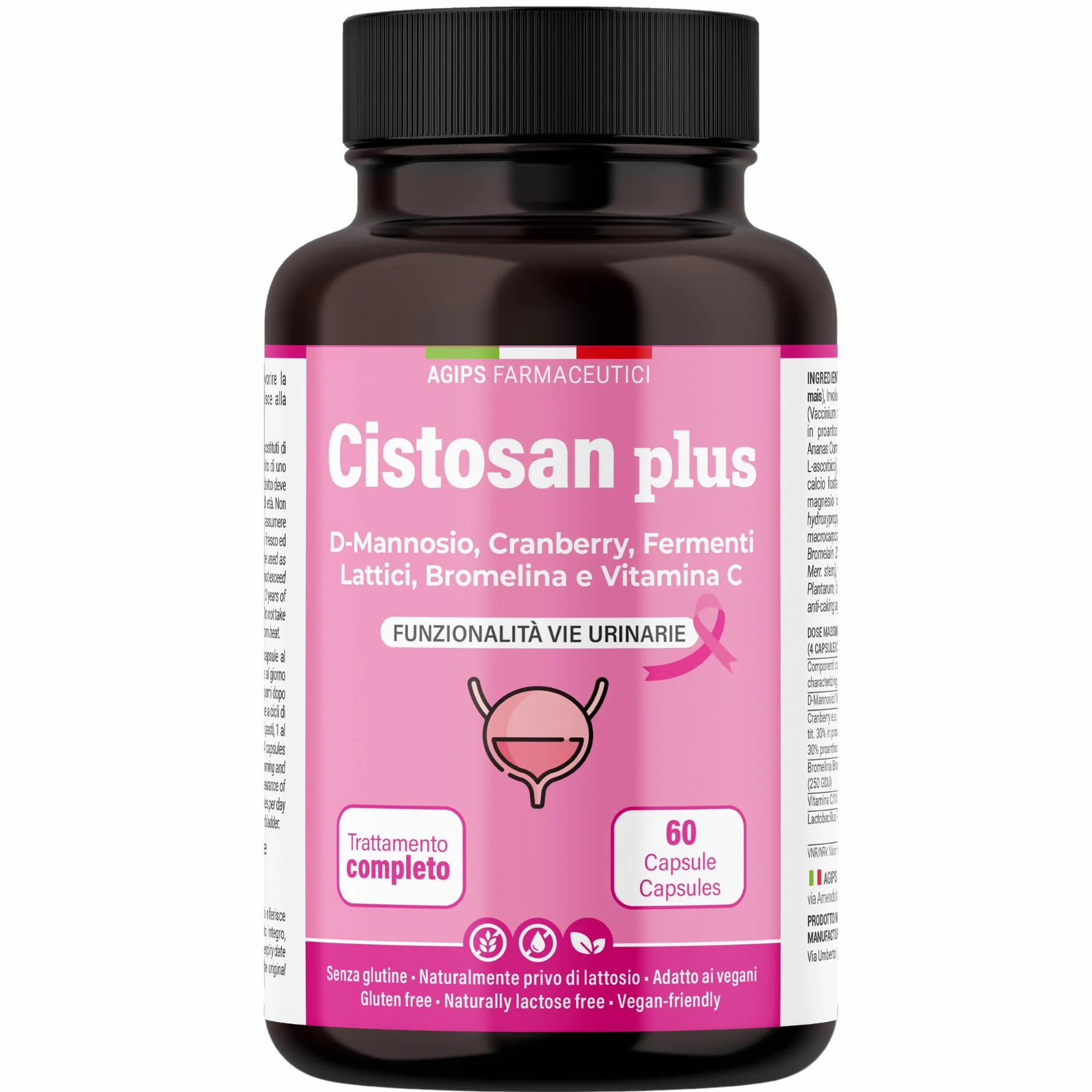 Integratore Cistite con D-Mannosio Puro 2000 mg Bromelina Mirtillo Rosso Fermenti lattici Vitamina C Per Favorire La Funzionalità Vie Urinarie Vegano 60 capsule Cistosan Agips Farmaceutici