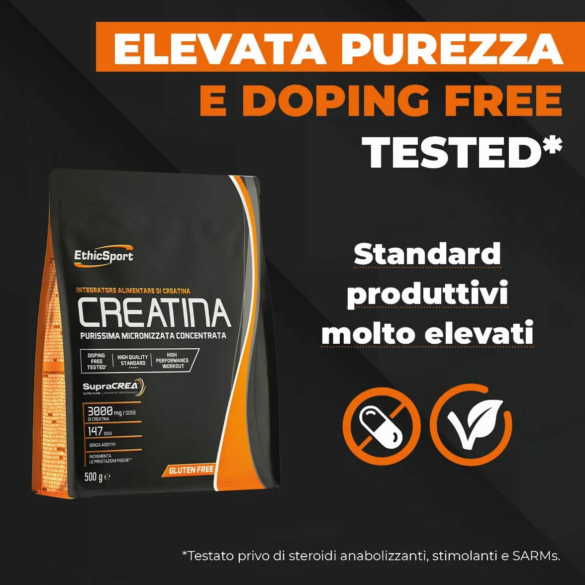 EthicSport CREATINA – Creatina monoidrato pura in polvere con SupraCREA™ – Incrementa le prestazioni fisiche in attività brevi e intense – elevata purezza, senza additivi – vegan, gluten free – 500 g