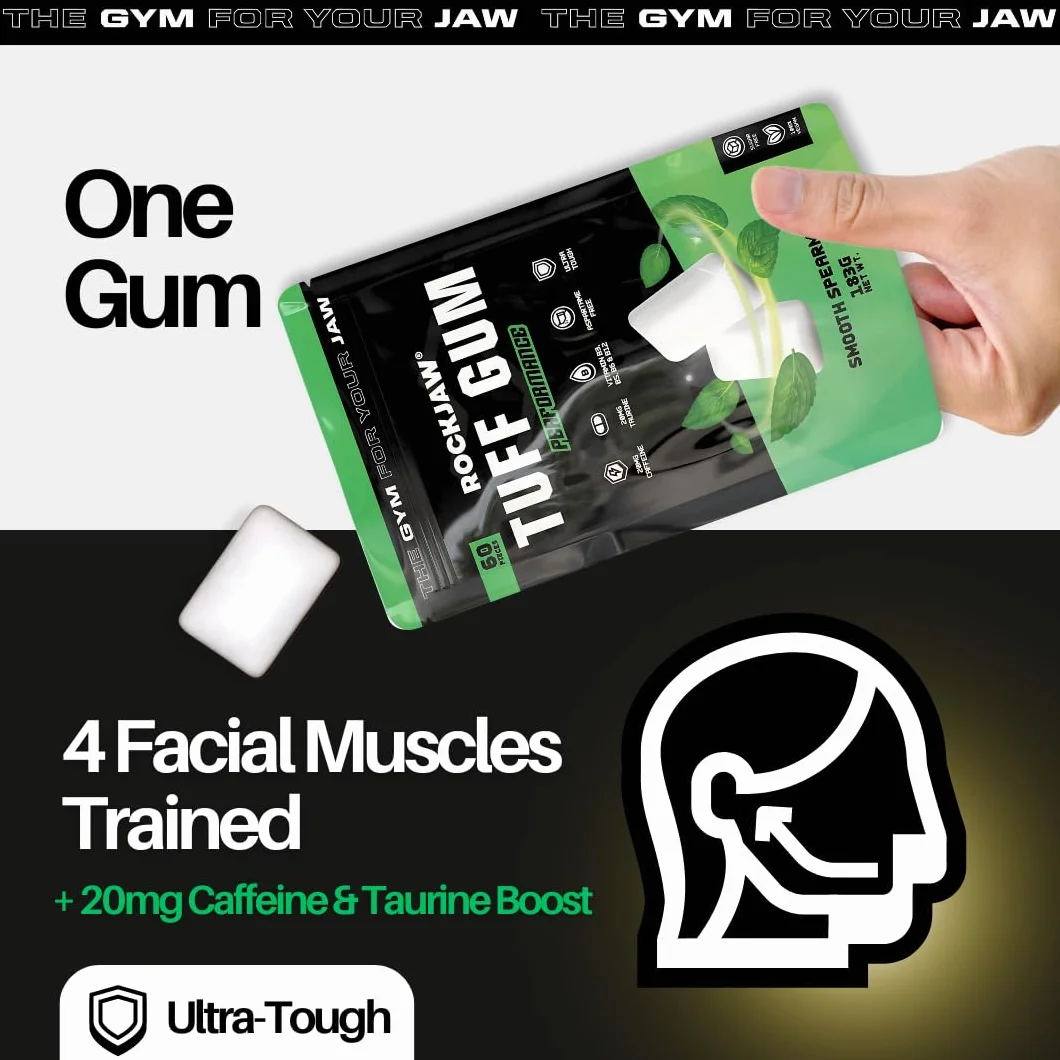ROCKJAW Tuff Gum Performance Gomma da masticare per l'allenamento della mascella 40mg caffeina 40mg taurina Vitamine B 1350mg xilitolo