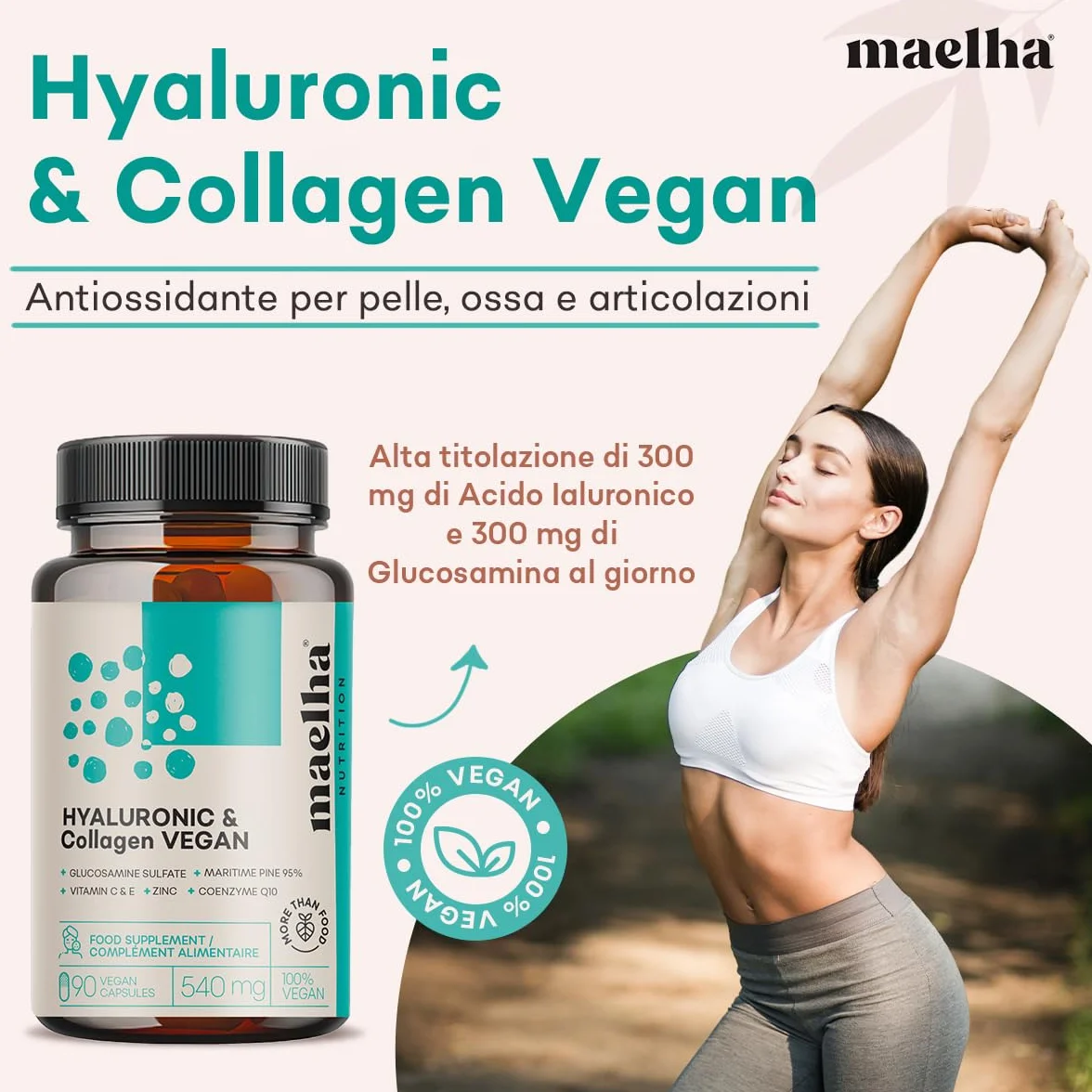 Acido Ialuronico e Collagene VEGANO Integratore 90 Capsule con Vitamina C E Zinco Coenzima Q10 Pino Marittimo