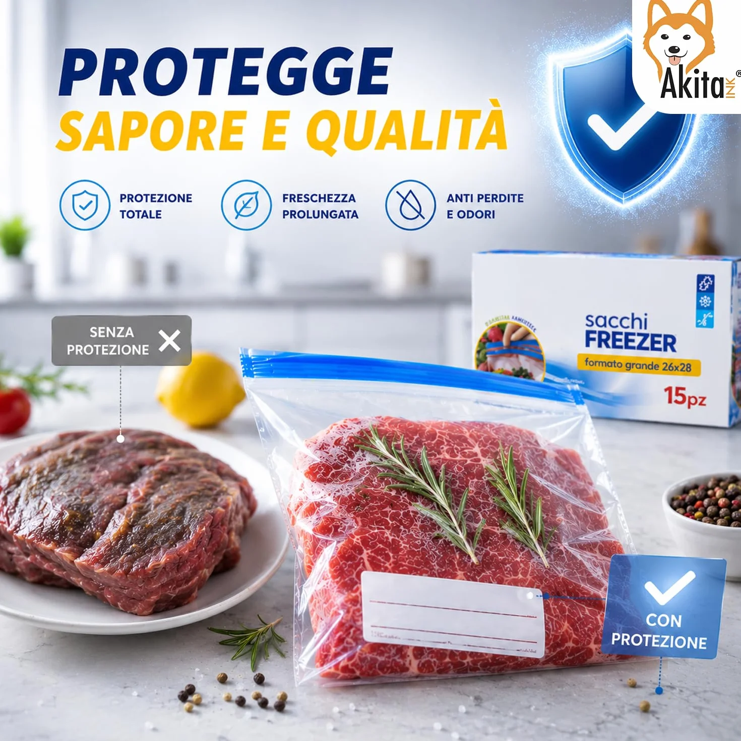 AkitaInk Set 60 Sacchetti Freezer con Chiusura Zip, Buste Gelo Alimentari Richiudibili in 3 Misure Assortite per Conservazione Cibi