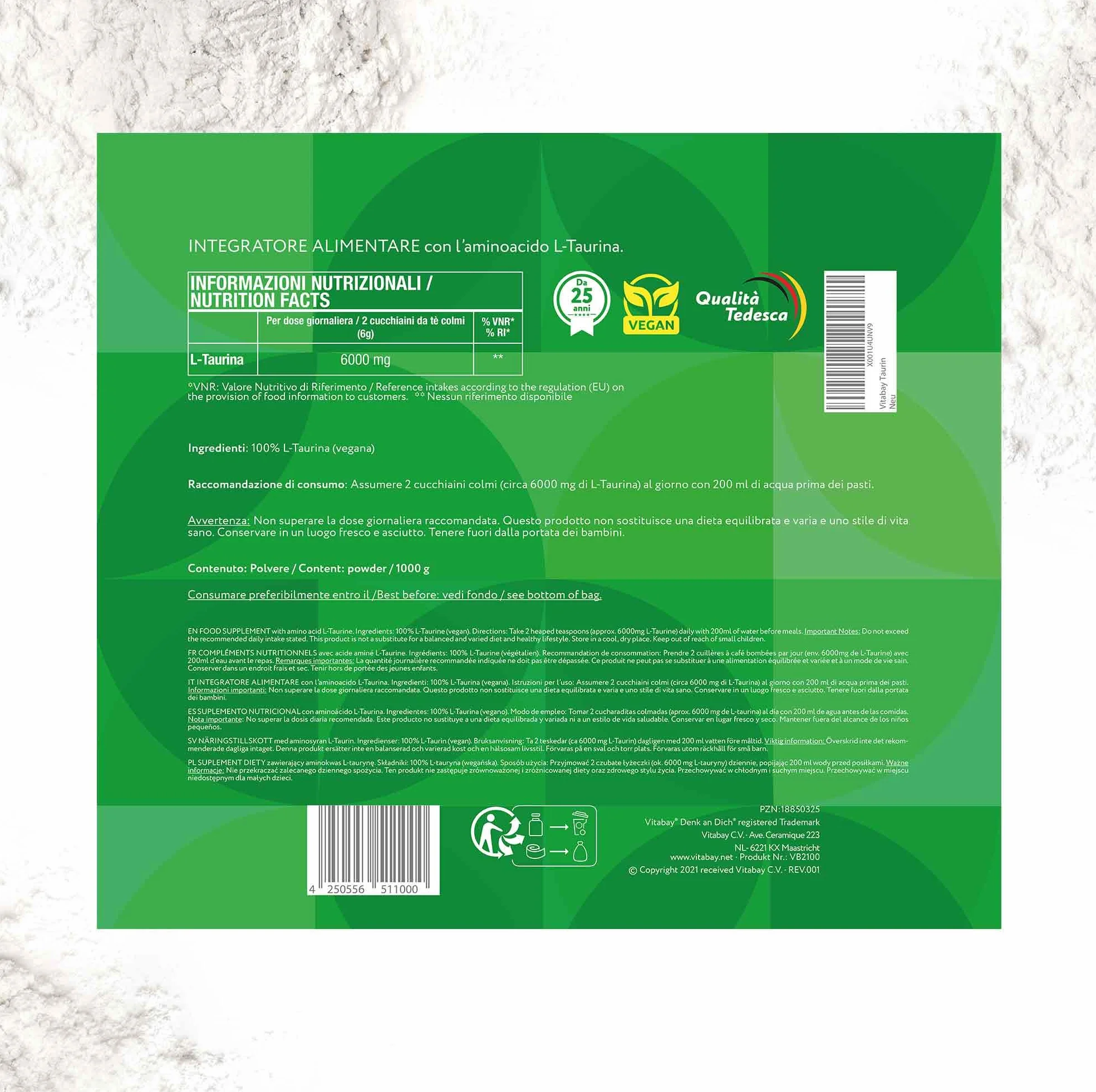 Vitabay Taurina Polvere 1 kg – Taurina 6000 mg Vegan Supplemento