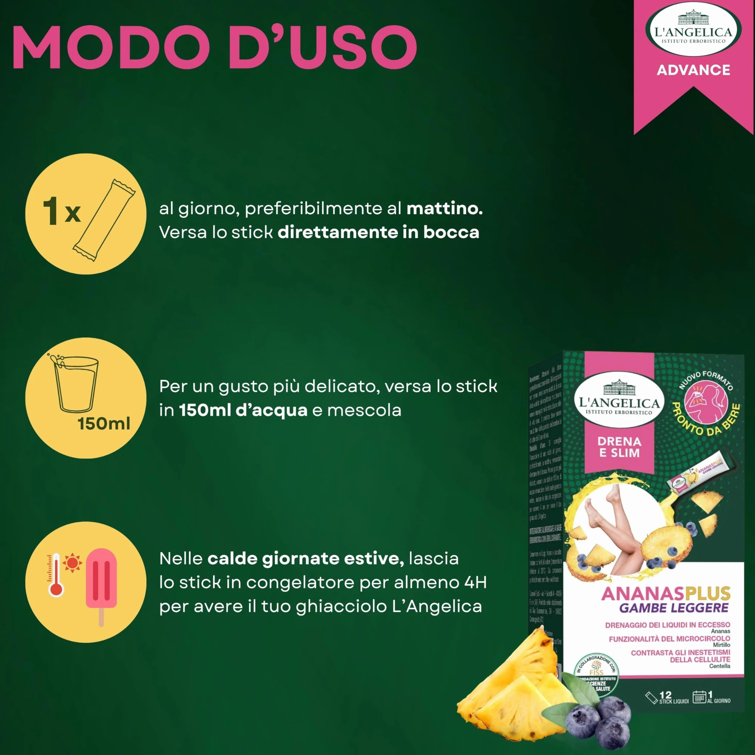 L'Angelica Ananas Plus Gambe Leggere Integratore Drenante Circolazione Anti Cellulite 12 Stick Liquidi