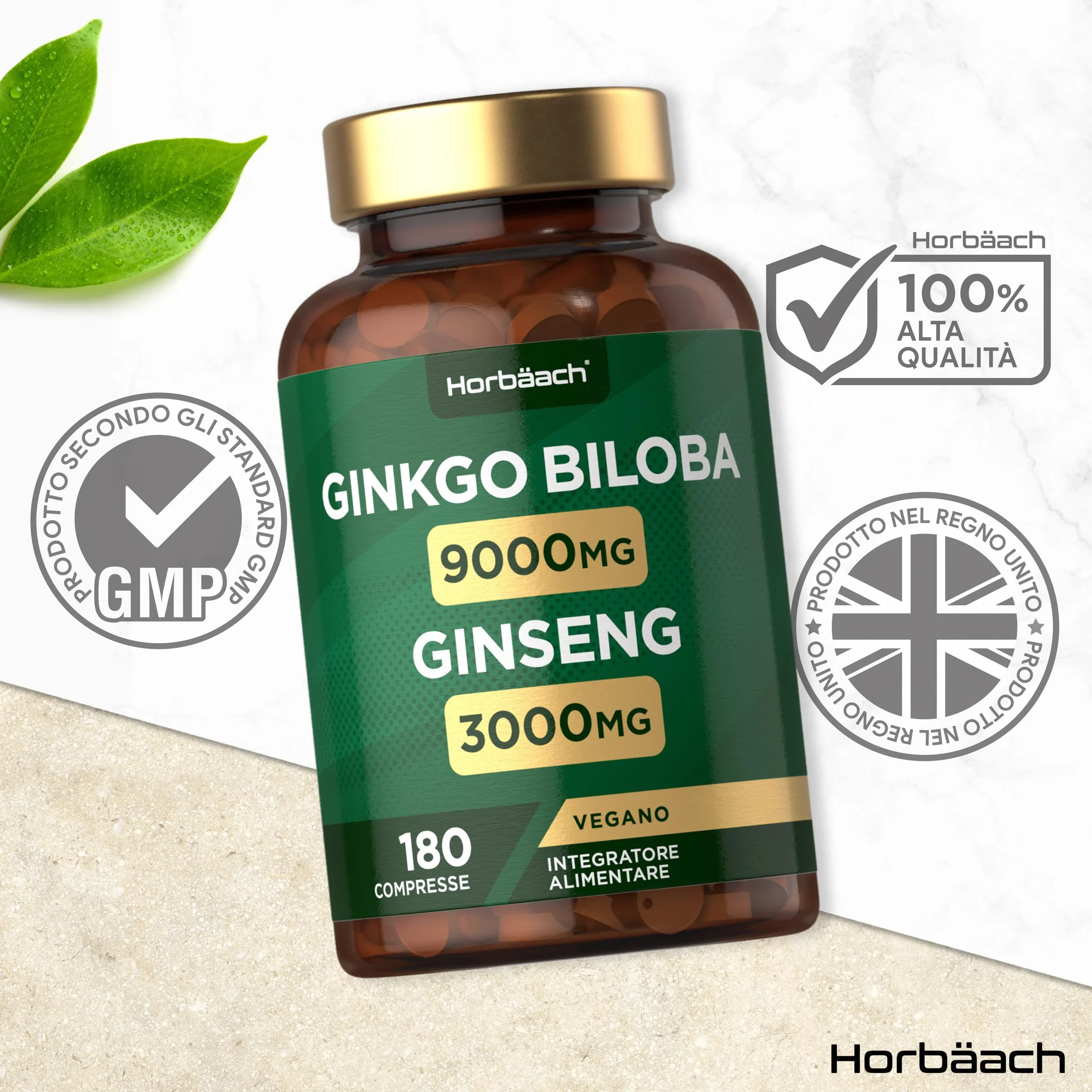 Ginkgo Biloba e Ginseng Integratore 12000mg | 180 Compresse Vegane | Ginkgo 9000 mg e Radice di Ginseng Coreano 3000 mg | di Horbaach