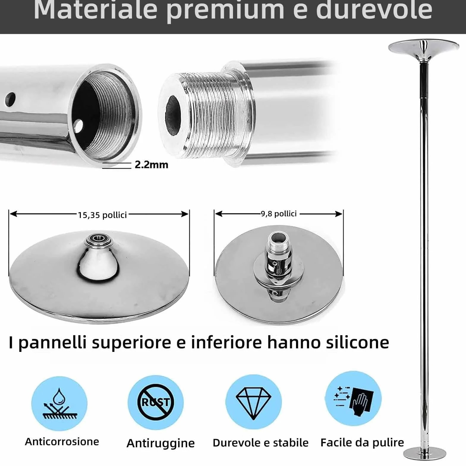 PRIOR FITNESS Palo da Ballo Premium Rimovibile 45 mm Spinning Statico Acciaio Heavy-Duty Altezza Regolabile