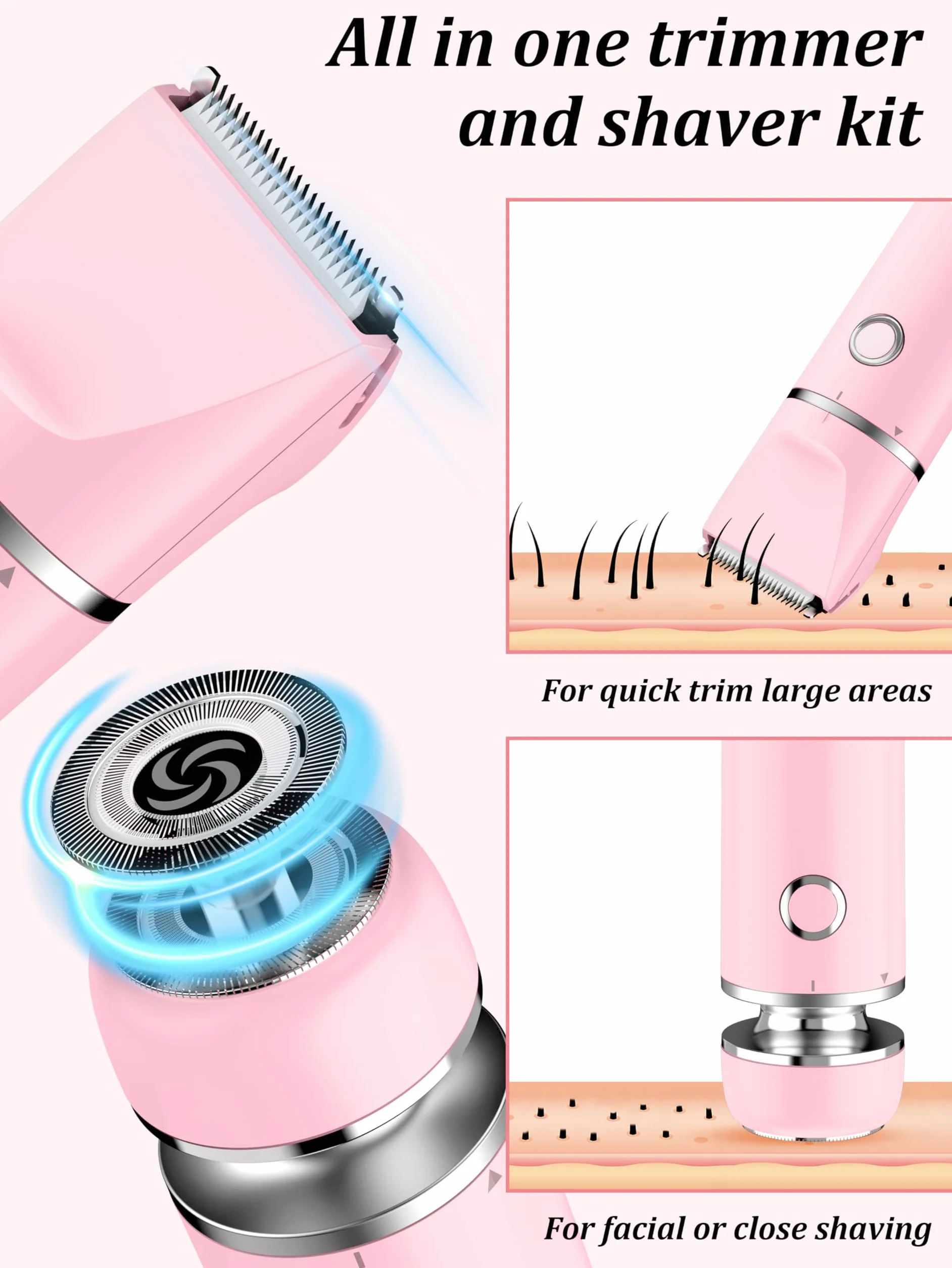 Cayzor Rasoio per bikini da donna 2 in 1 impermeabile senza fili rimozione peli (Rosa)