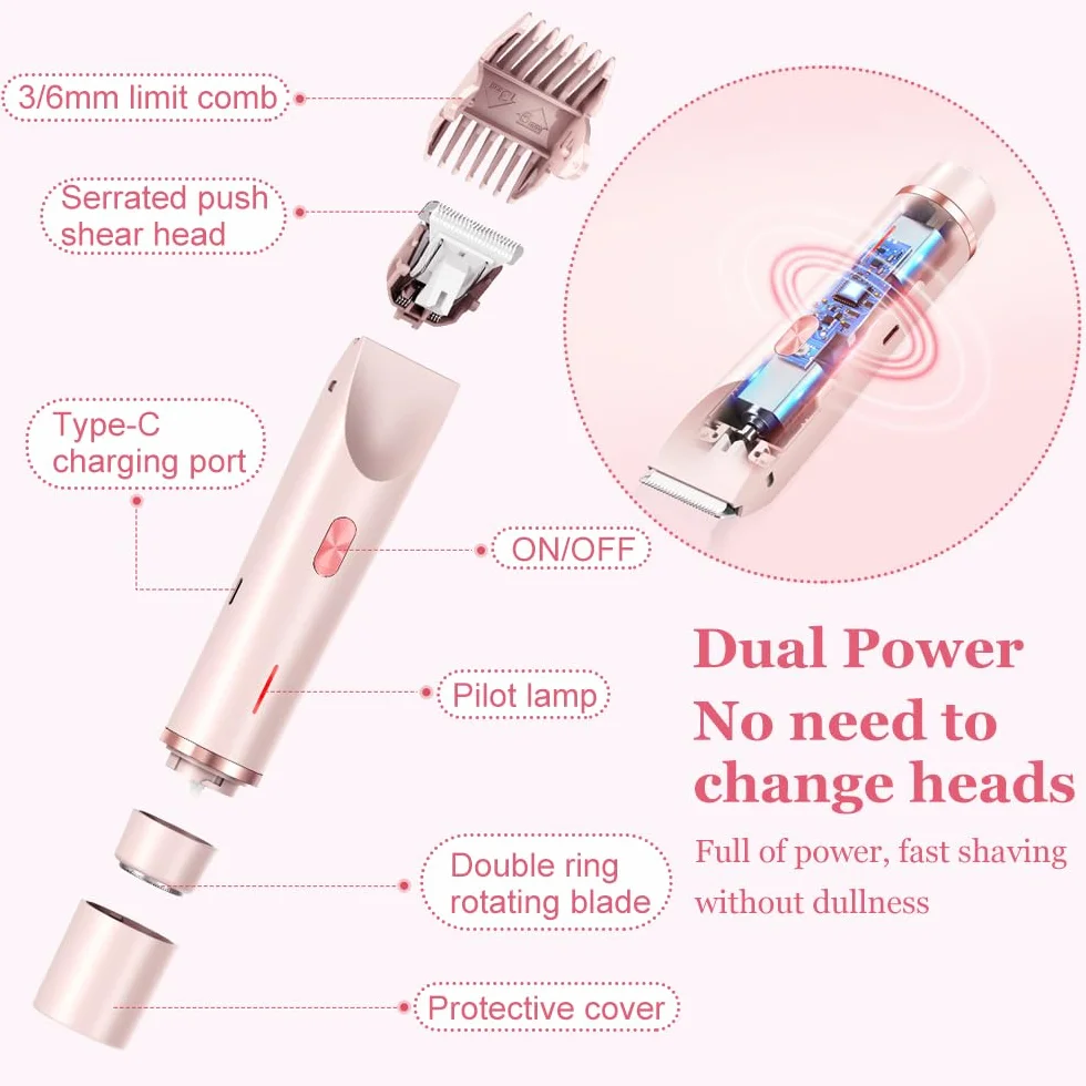 Rasoio elettrico da donna 2 in 1, Bikini Trimmer, impermeabile, utilizzabile sia a secco che bagnato, per gambe, braccia, ascelle e zona bikini (Rosa)
